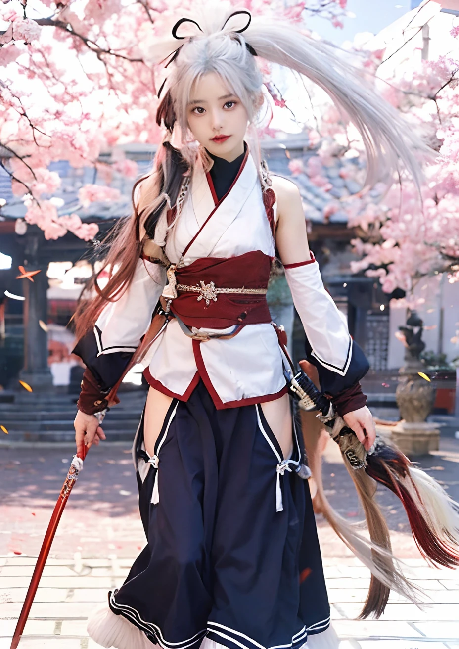1girl with sword, tomoe gozen, tail hair, white hair, transparant, realistic, ultra detail, 8k, 70mm lens,