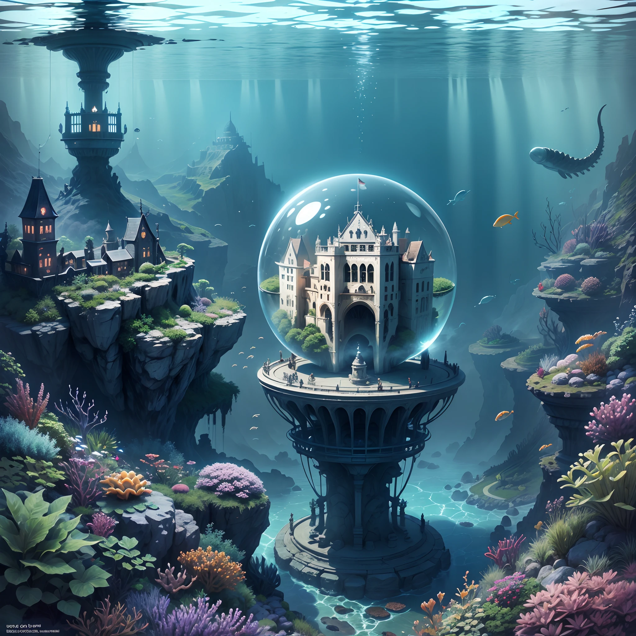 (abyssal,Undersea castle,Transparent fog,The hemispherical shape looks down from the sky),fanciful,Artistically,Garden background