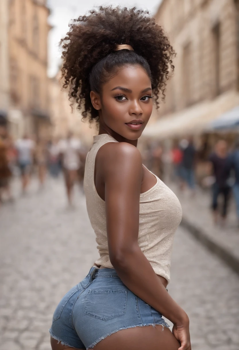 ((Dark African skin, Very deep ebony skin)), ((Its beauty is undeniable)), ((cute excited face)), ((Hyper detailed perfect eyes,)), ((pose mignonne)), ((Langue sortie)), ((Attirant )), sexy, (( Tight knit shirt, shorts courts sexy)), ((Afro curly African hair afro ponytail afro,)), (( peau)), ((debout, vue de face)), ((toucher ses propres jambes dans une pose sexy)), ((dehors, Ville publique)), CGI ciblé, Fotorrealista, High detail, Realstic, Master part, Absurde, Best quality, Hdr, highly quality, high-definition, extremly detailed, 8k wallpaper, intricate high detail, 8K UHD, Full-HD, (photo realist:1.2), contraste, intense illumination, lighting cinematic, natural lighting, hard light, contre-jour, Illumination globale, occlusion ambiante