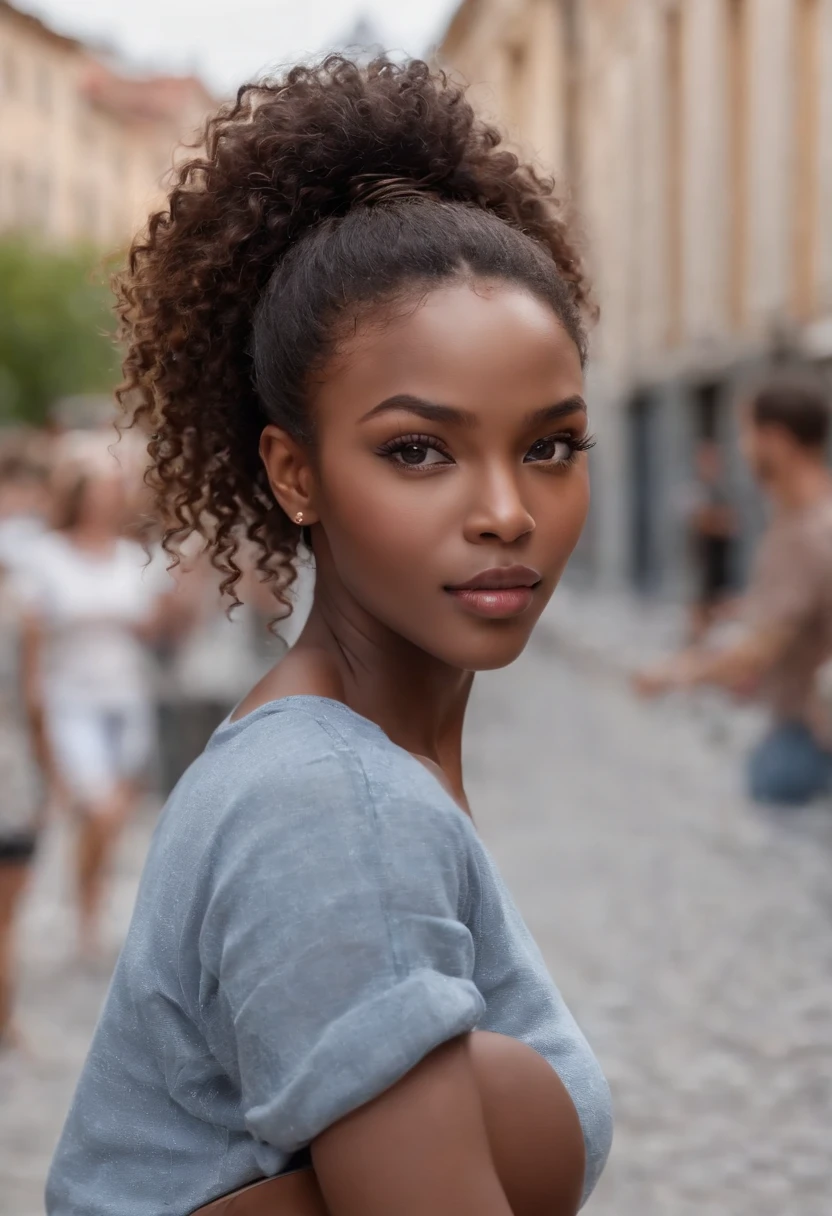 ((Dark African skin, Very deep ebony skin)), ((Its beauty is undeniable)), ((cute excited face)), ((Hyper detailed perfect eyes,)), ((pose mignonne)), ((Langue sortie)), ((Attirant )), sexy, (( Tight knit shirt, shorts courts sexy)), ((Afro curly African hair afro ponytail afro,)), (( peau)), ((debout, vue de face)), ((toucher ses propres jambes dans une pose sexy)), ((dehors, Ville publique)), CGI ciblé, Fotorrealista, High detail, Realstic, Master part, Absurde, Best quality, Hdr, highly quality, high-definition, extremly detailed, 8k wallpaper, intricate high detail, 8K UHD, Full-HD, (photo realist:1.2), contraste, intense illumination, lighting cinematic, natural lighting, hard light, contre-jour, Illumination globale, occlusion ambiante