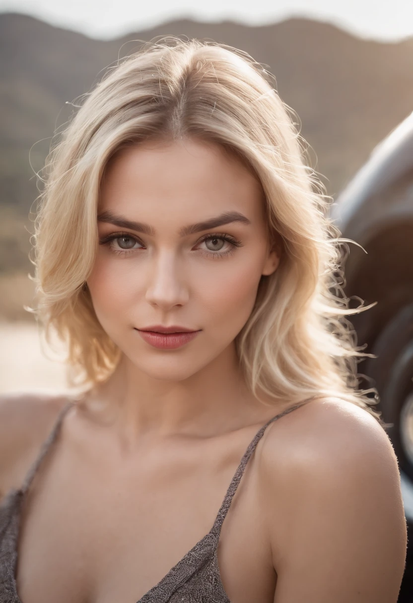 Fille blonde de 19 ans assise sur le pare-chocs rouge de la jeep , Shutterstock, realism, Photo - prise de vue, Hors route, Photo prise, Plan complet panoramique, high angle shot, Jeep in the background, Vehicle photography, Photo Grand angle, Point de vue bas, Prise de vue en perspective, Marketing photo, exposed cleavage, couleur de cheveux blonde de type brun en tenue sexy
