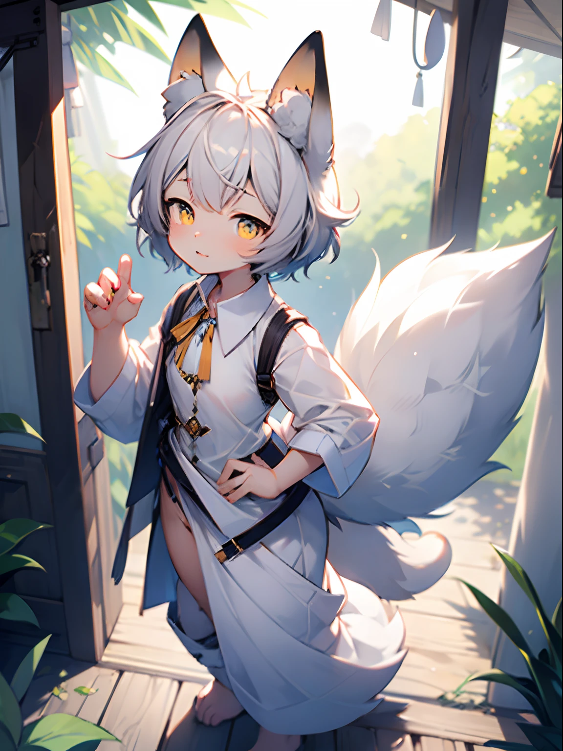 (Best Quality, high resolucion, Ultra-detailed:1.2), Cute fluffy loli, White long shirt, Raising the tail, White and yellow body, Orange Eyes, B Cup Breasts, collared, White fur, fluffy fur, Animal ears, Animal tails, natta, No bottom, No underwear, woods, adorable face, Play, eroticism, 애널, Fingering