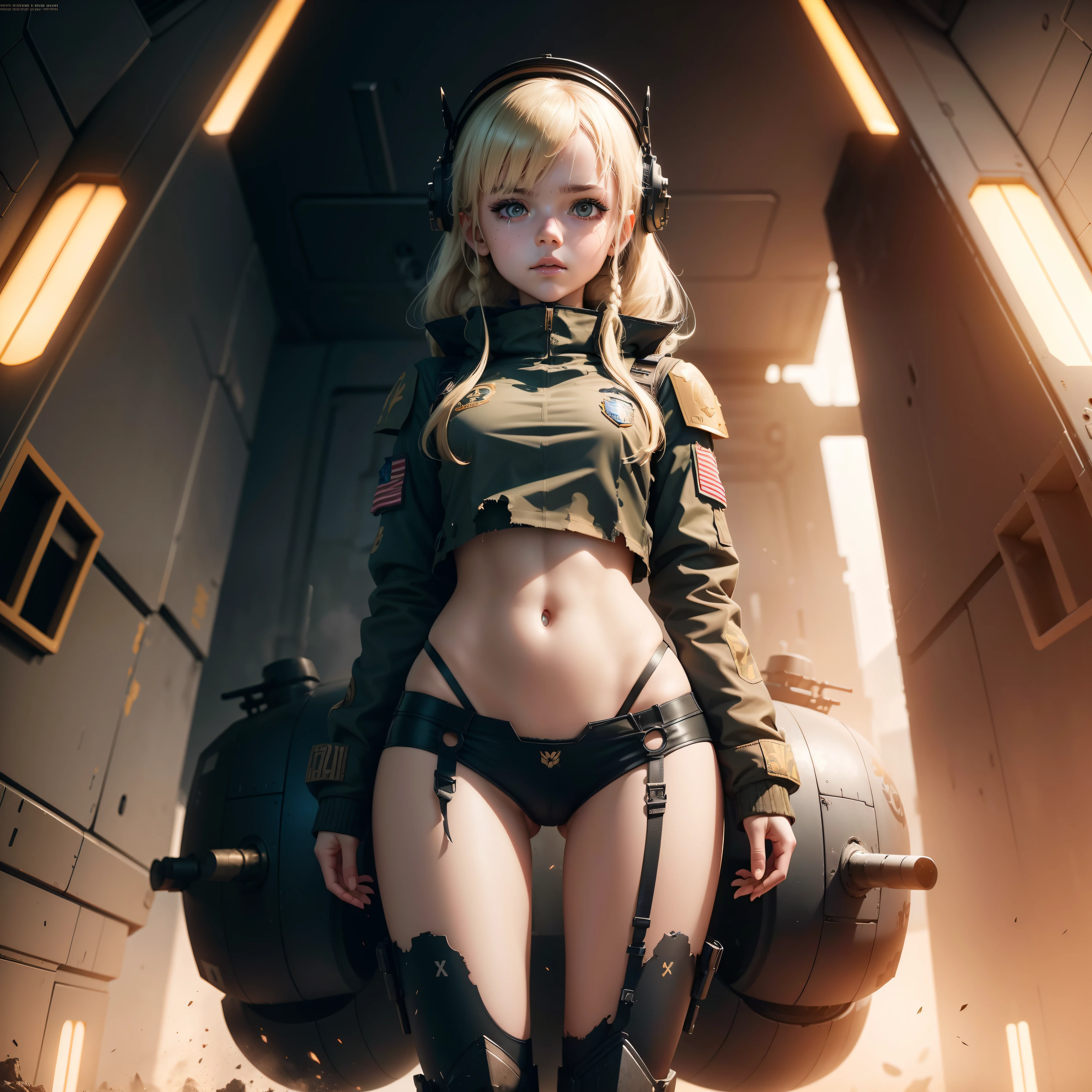 Destroyed aircraft carrier,ukrainian girl , Ukrainian anime girls , , Ukraine ,  Full body composition of young girl with messy bright blonde hair, eye make up, 13 year old,  Soft lighting, Solo,, badges, Pose, Blotch color, Octane Render, Hyperrealistic intricate detail, Cinematic, 8K resolution, 70mm, Accent Lighting, Global Illumination, Full body portrait, clean detailed faces, poneyTail,Cute face,, Slim legs,Combat Armor,long court,full face helmet,Battleship Deck,Destroyed battleship