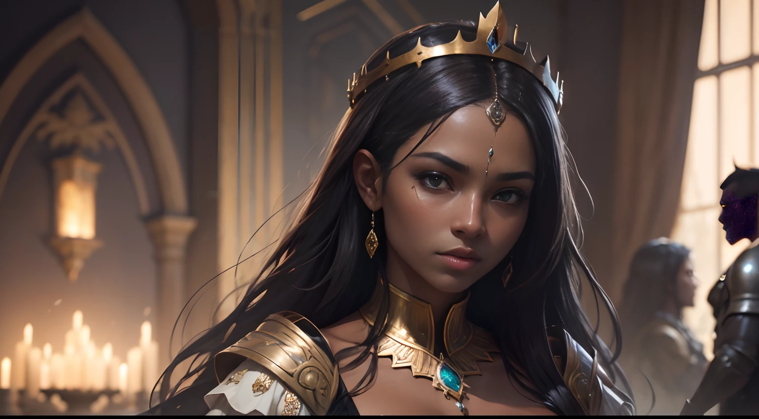 Modelshoot style, (the Extremely Detailed CG Unity 8K Wallpapers), full-shot body photo of the most beautiful artwork in the world, medieval queen, green vale, Dark skin, black woman, Golden crown, Diamonds, Medieval architecture, professional majestic oil painting by Ed Blinkey, Atey Ghailan, Studio Ghibli, By Jeremy Mann, Greg Manchess, Antonio Moro, Trending on ArtStation, Trending on CGSociety, Convoluted, high detailing, Sharp Focus, Dramatic, photorealistic painting art by midjourney and greg rutkowski