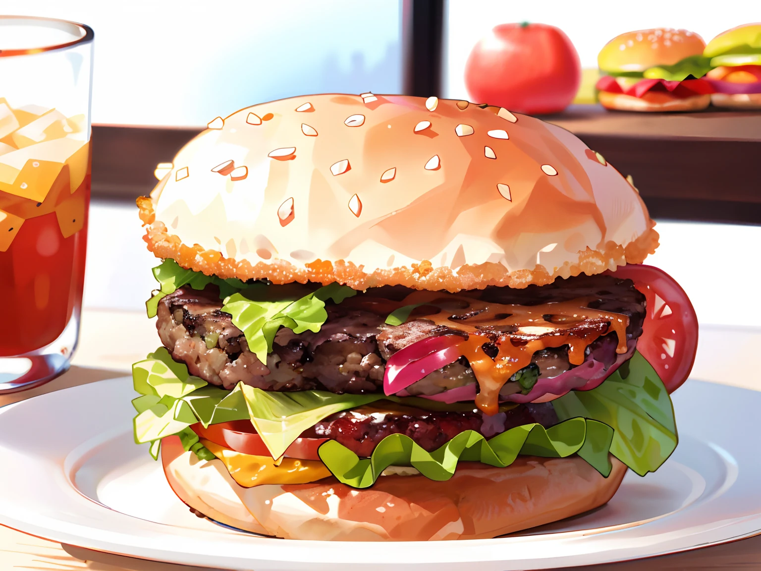 There's a burger on a plate with a glass of soda, imagem de comida super realista, big juicy burger, amazing food illustration, burger, burger, hamburgers, photorealistic illustration, estilo de arte realista, eating burgers, cheeseburguer, burger on a plate, realistic illustration, Alimentos comerciais 4K, burger with a mouth, estilo de arte realista, estilo de arte fotorrealista