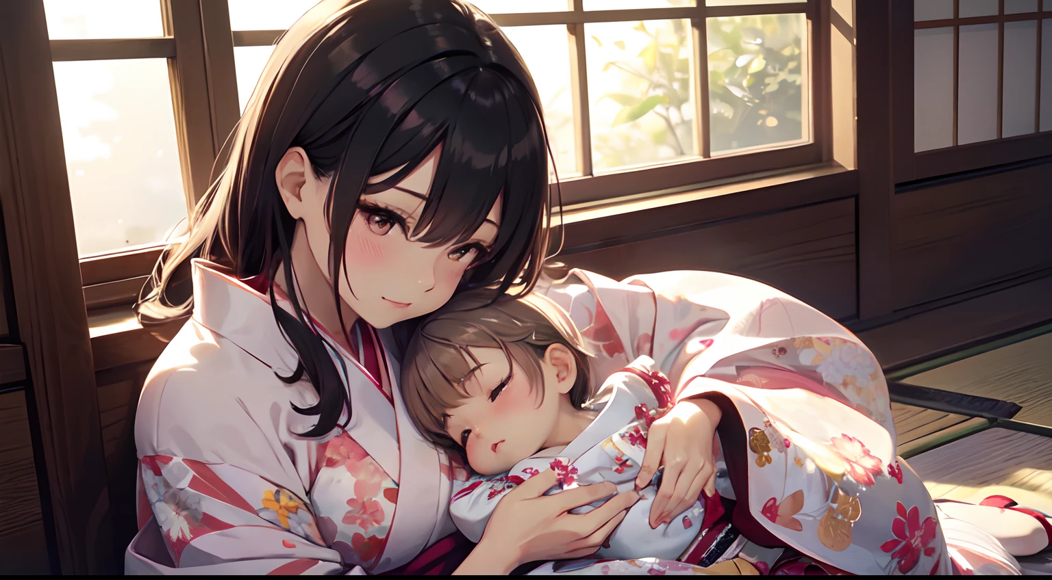 Pretty wife, Japanese, wearing kimono, large breast,  sitting down, relaxing, watching window,  shinny eyes, lipgloss, skinny, petite, short, holding baby, up close, cuddling baby, soft look, long eyelashes, light eyeshadow, sitting on floor, kawaii, cute, soft lighting,