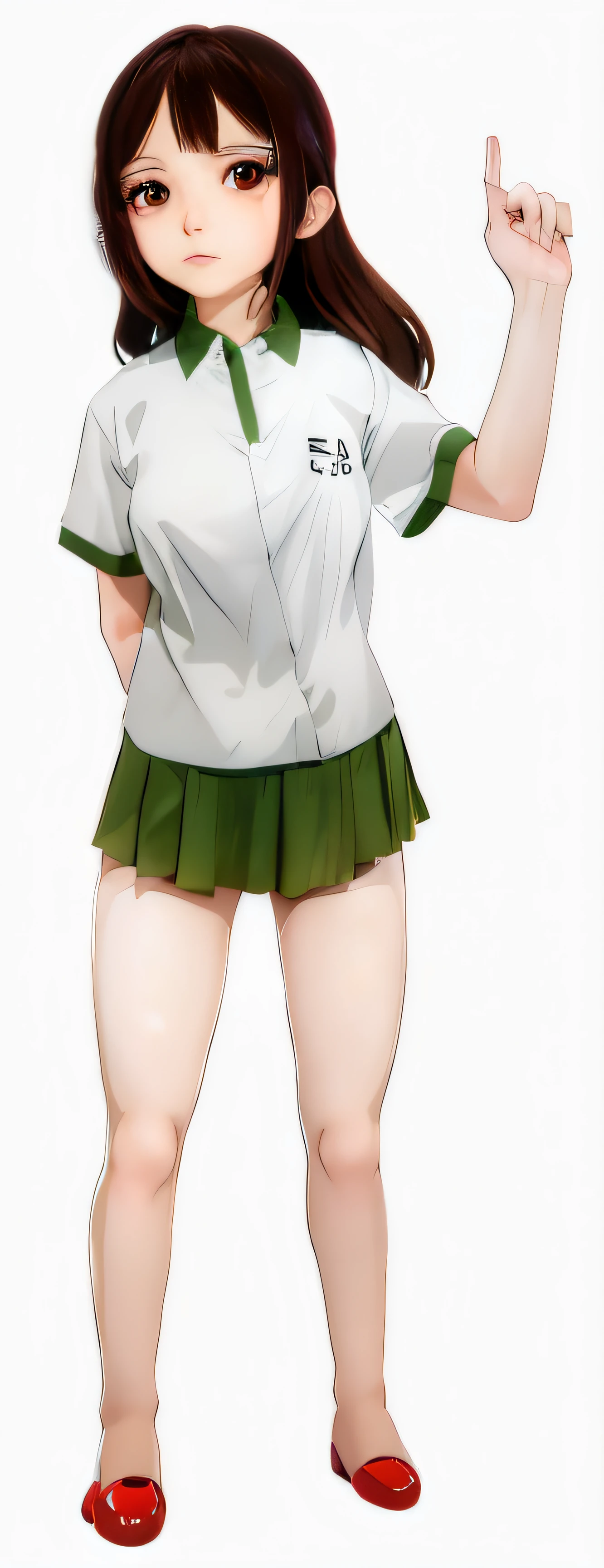Anime girl in green dress and white shirt, Realistic schoolgirl, Surrealism female students, rei hiroe, Surrealism female students, Edgeie anime style, Shinkai sincerely, wearing dresses, asuka suit under clothes!, full body portrait of a short!, eechi, [ Digital art ]!!, Yandere. Tall, honest, digitally colored