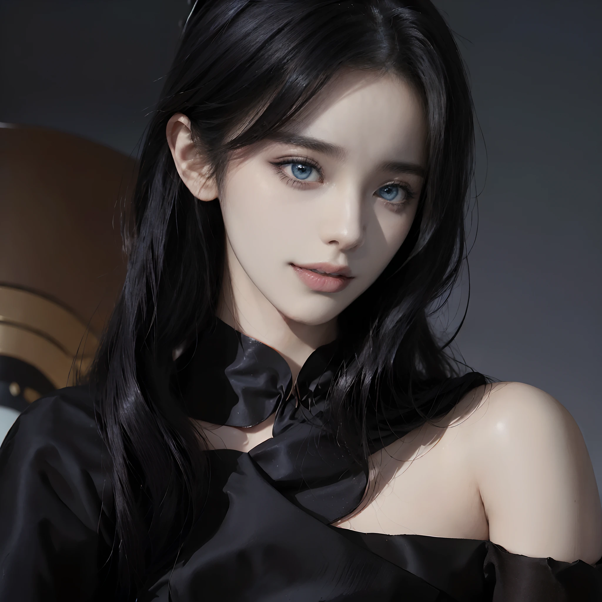 ((4K works))、​masterpiece、(top-quality)、((One Beautiful Villain Girl))、Slim body、tall、((Villain Black Dress Fashion))、(Detailed beautiful eyes)、Shot at White Castle, Where the villain queen lives、((Face similar to Carly Rae Jepsen))、((Long boyish black and white split hair))、((Smaller face))、((Neutral face))、((Bright blue eyes))、((American adult women))、((Adult female 26 years old))、((cool lady))、((Like a celebrity))、((Like the villain queen))、((Smiling expression))、((Korean Makeup))、((Villain Queen Makeup))、((elongated and sharp eyes))、((boyish))、((Villain Queen))、((Photograph her from afar))、((Shot diagonally from the side))、Professional Photos、Villain Queen photo、((Shot alone))、icons