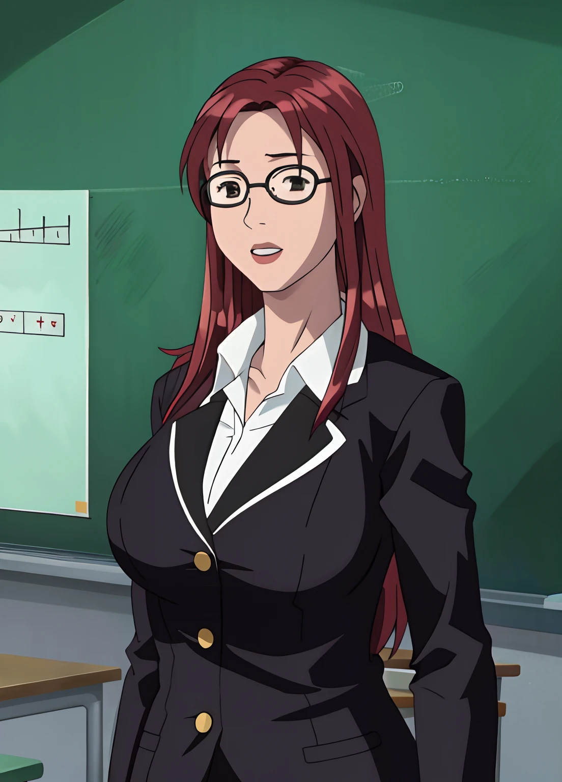 ichinose_sayaka, red hair, large breasts, glasses, classroom, blackboard, standing masterpiece, best quality