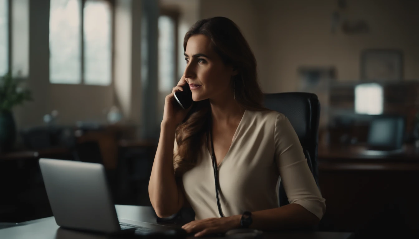 Mulher fala ao telefone muito irritada, standingn, in an office room.