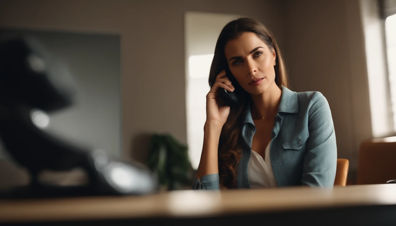 Mulher fala ao telefone muito irritada, standingn, in an office room.