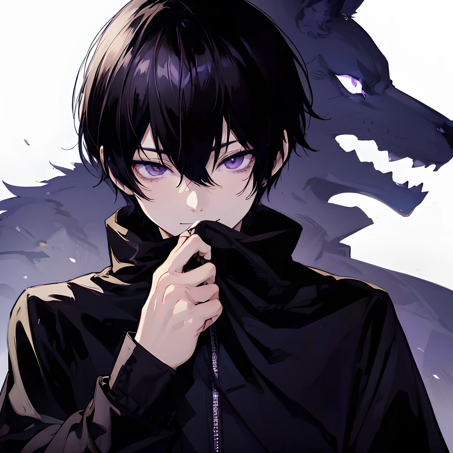 Japanese anime, Beautiful young man, A dark-haired,Purple eyes, bowl cut, Cool black costume, Sharp eyes, Grinning, The shadow of the wolf behind him, Diagonal upper angle,High quality, amount of drawing, pixiv illustration
