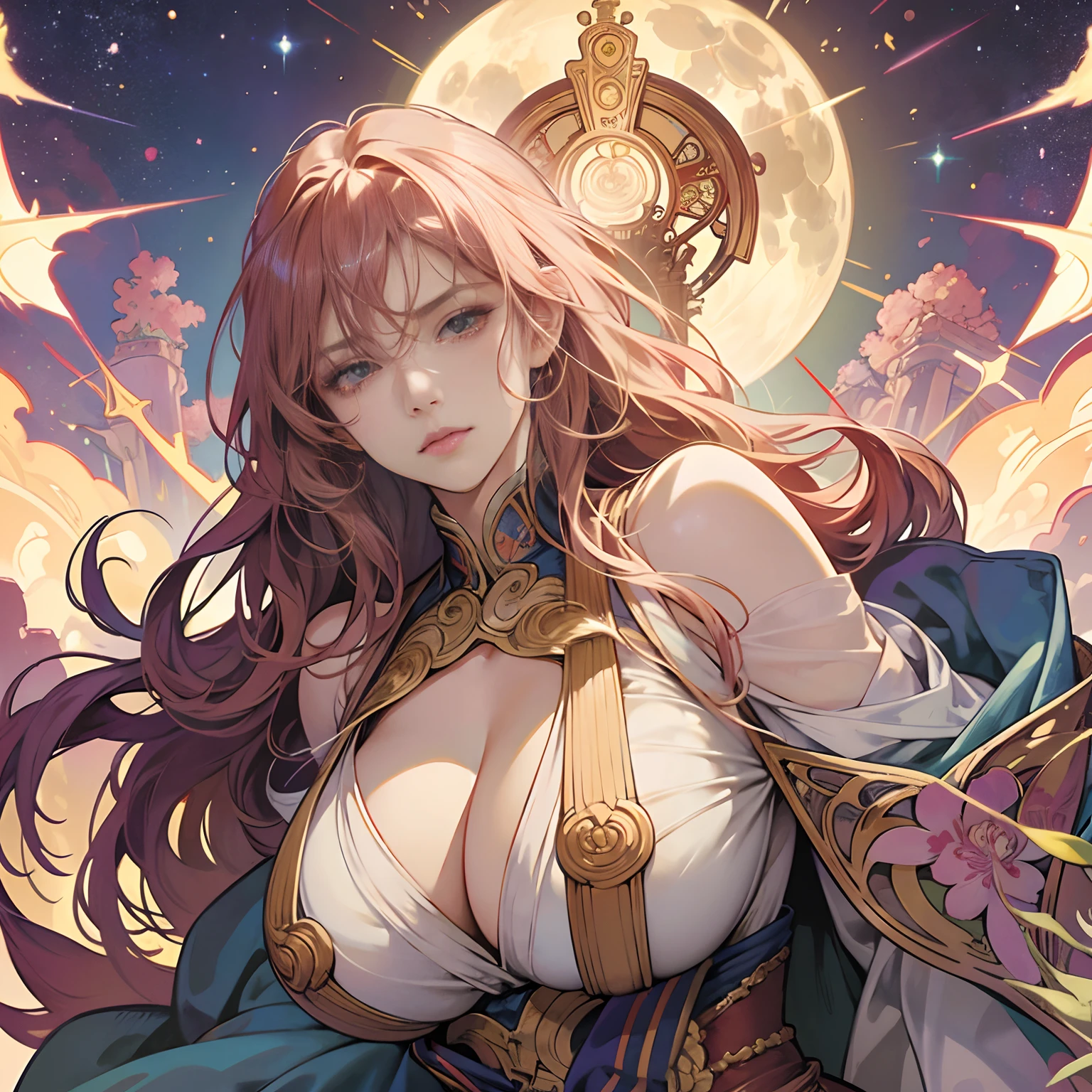 Jean Giraud, Alphonse Mucha, A E Marty, Evelyn De Morgan, katsuhiro Otomo, Surreal Mysterious Strange Fantastic Fantasy Sci-Fi Fantasy Japanese Anime Full Moon Setting in the Study, girl perfect body, detailed masterpiece, huge tits cleavage big ass ext super erotic
