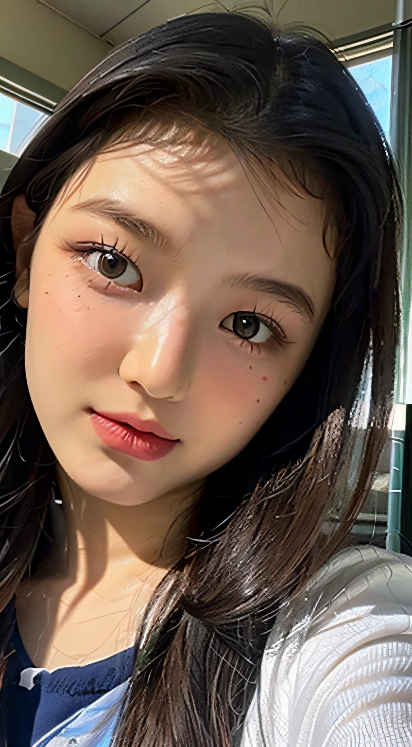 Best Quality, Masterpiece, Ultra High Resolution, (Realistic: 1.4), Original Photo, Wallpaper, Head Photo, Skin, Simple Background, Black Eyes, Detail, Selfie, 1 Girl, 18 Years Old, Breeze, Sunshine, Classroom, Question,