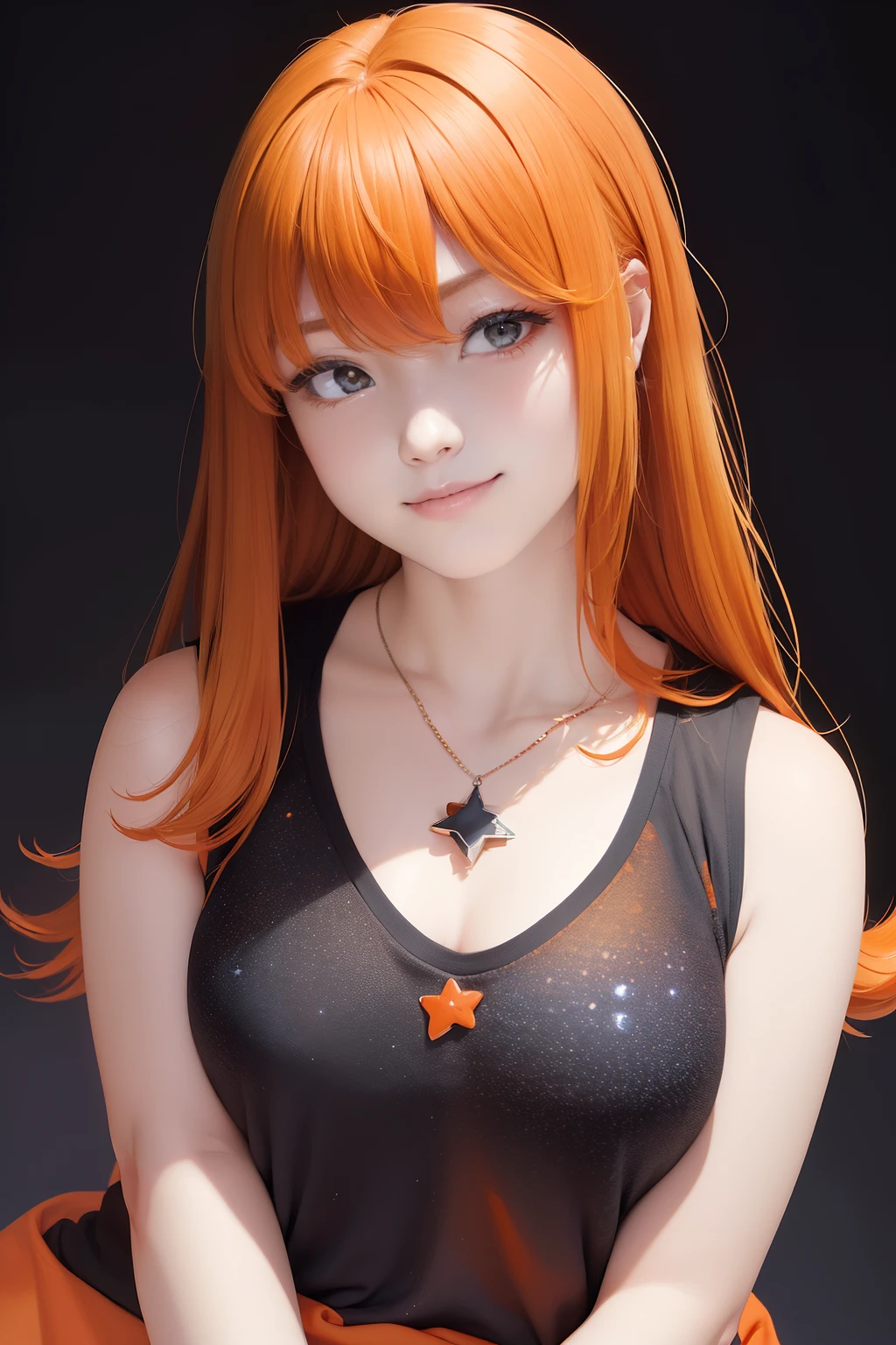 Images that fit the entire upper body、(((Black background)))、an oil painting、(((Arms folded in front of the body)))、masterpiece、top-quality、hight resolution、(((Orange Medium Hair)))、(((Orange semi-long hair)))、bustshot、Have cleavage、Loose and fluffy perm、(((rotTThe shirt)))、(((Sleeveless red shirt)))、(((Open neck shirt)))、A smile、Gentle smile、(((Galaxy print on shirt)))、(((On the chest of the clothes is depicted the universe)))、Star-shaped necklace、I have a necklace in the shape of a star、Arms crossed in front of the chest