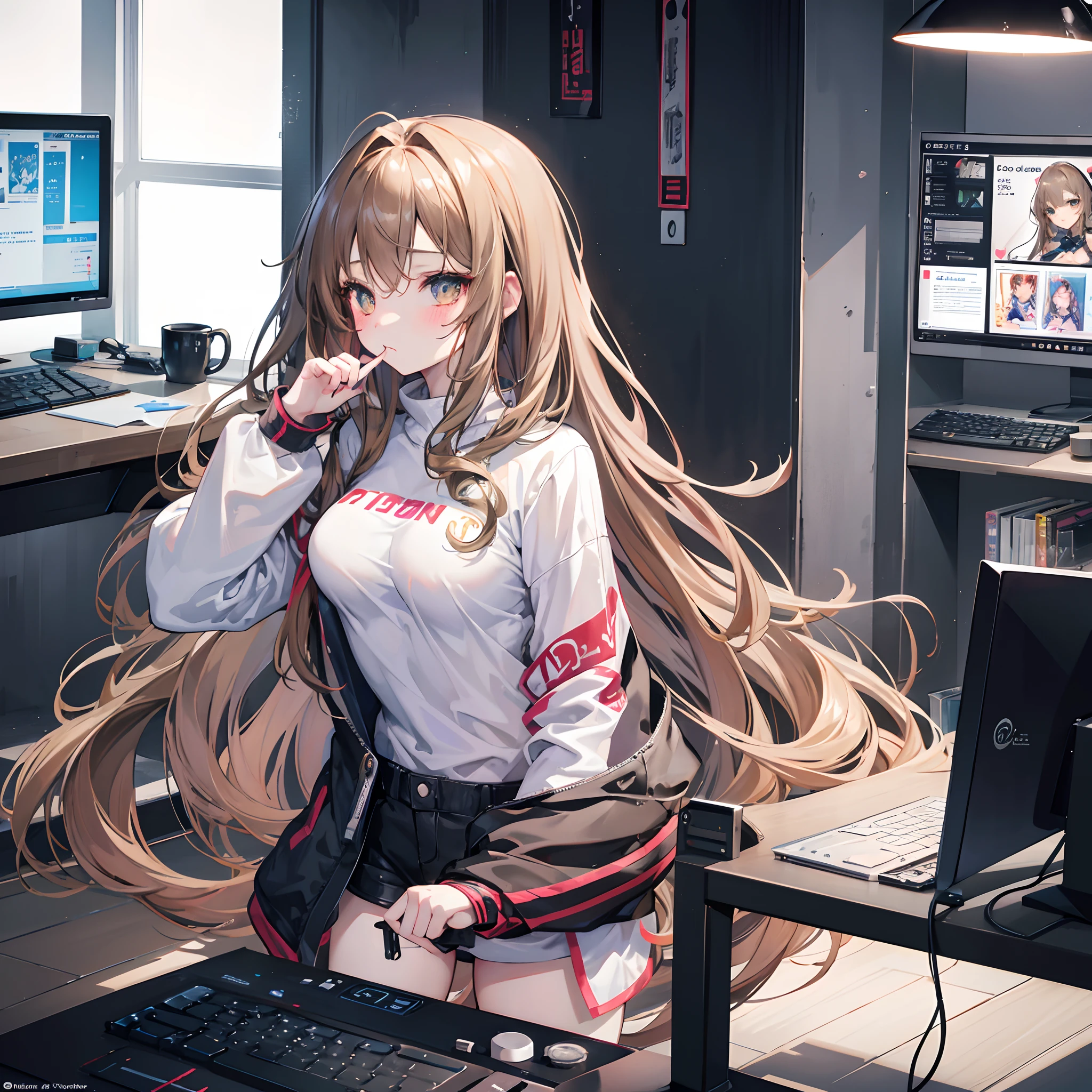 1 eighteen-year-old gamer woman, long wavy light brown hair, golden eyes, long eyelashes, soft facial line, big breasts, small waist, shapely body, blushing, shy, innocent atmosphere, short stature, beautiful body, pale skin like white jade, high resolution, 4k, detailed eyes, dressed in loose clothing, ultra quality, 8k, HD, game room. amazing room, otaku, amazing computer, playing on the computer, drinking a soda