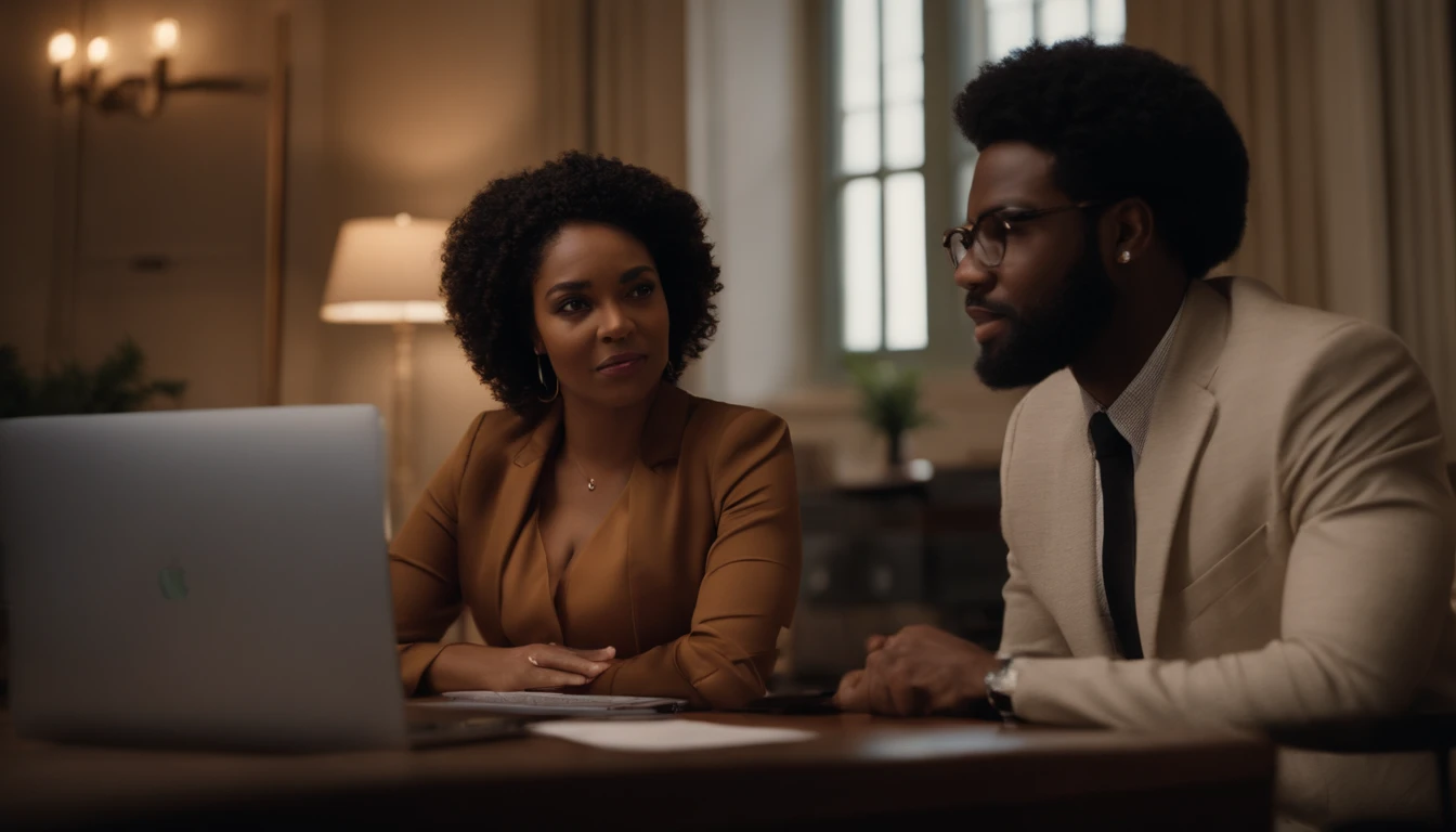 A businesswoman talking to the intern, afrodescendente. She's standing next to him. He's sitting around using a laptop.