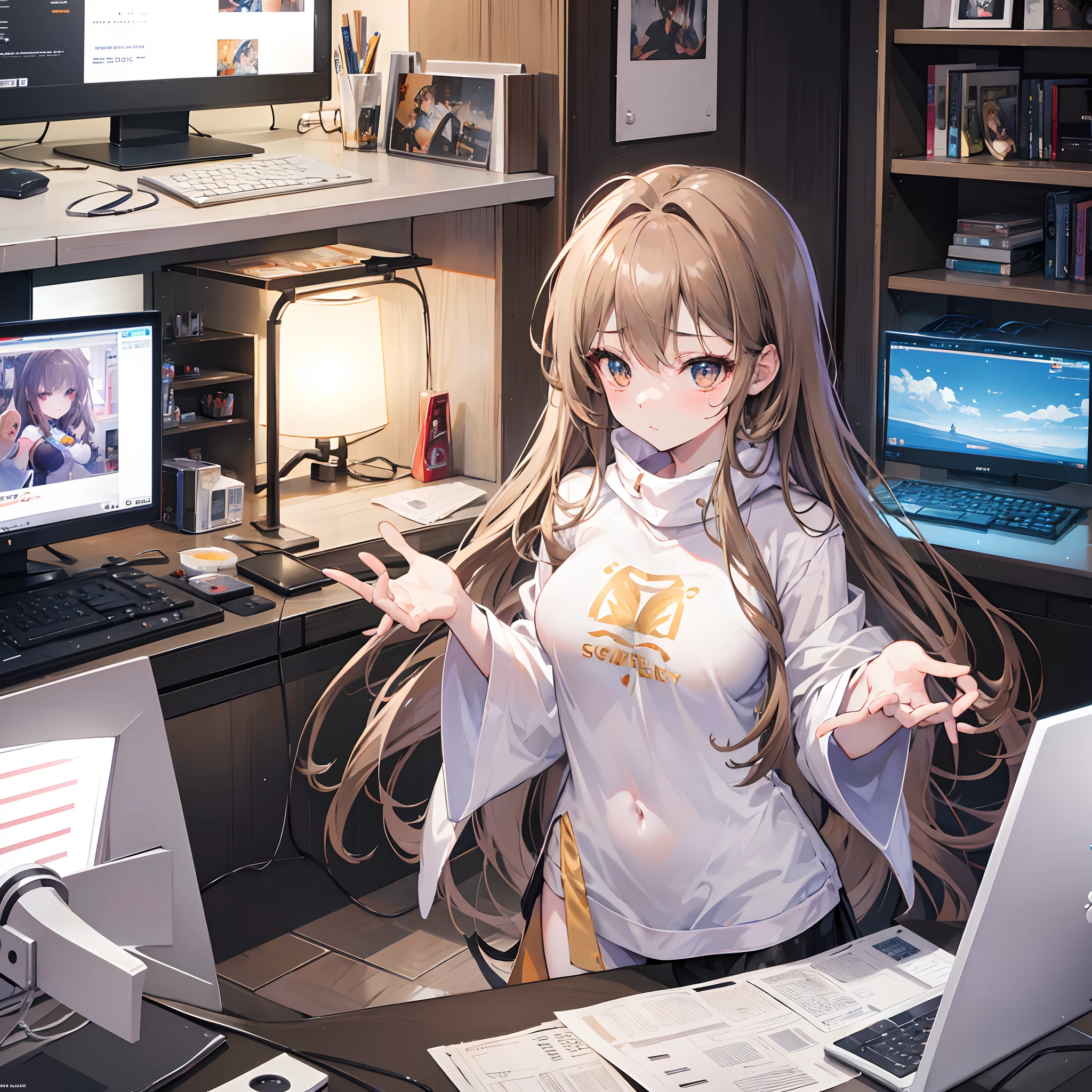1 eighteen-year-old gamer woman, long wavy light brown hair, golden eyes, long eyelashes, soft facial line, big breasts, small waist, shapely body, blushing, shy, innocent atmosphere, short stature, beautiful body, pale skin like white jade, high resolution, 4k, detailed eyes, dressed in loose clothing, ultra quality, 8k, HD, game room. amazing room, otaku, amazing computer, playing on the computer, drinking a soda