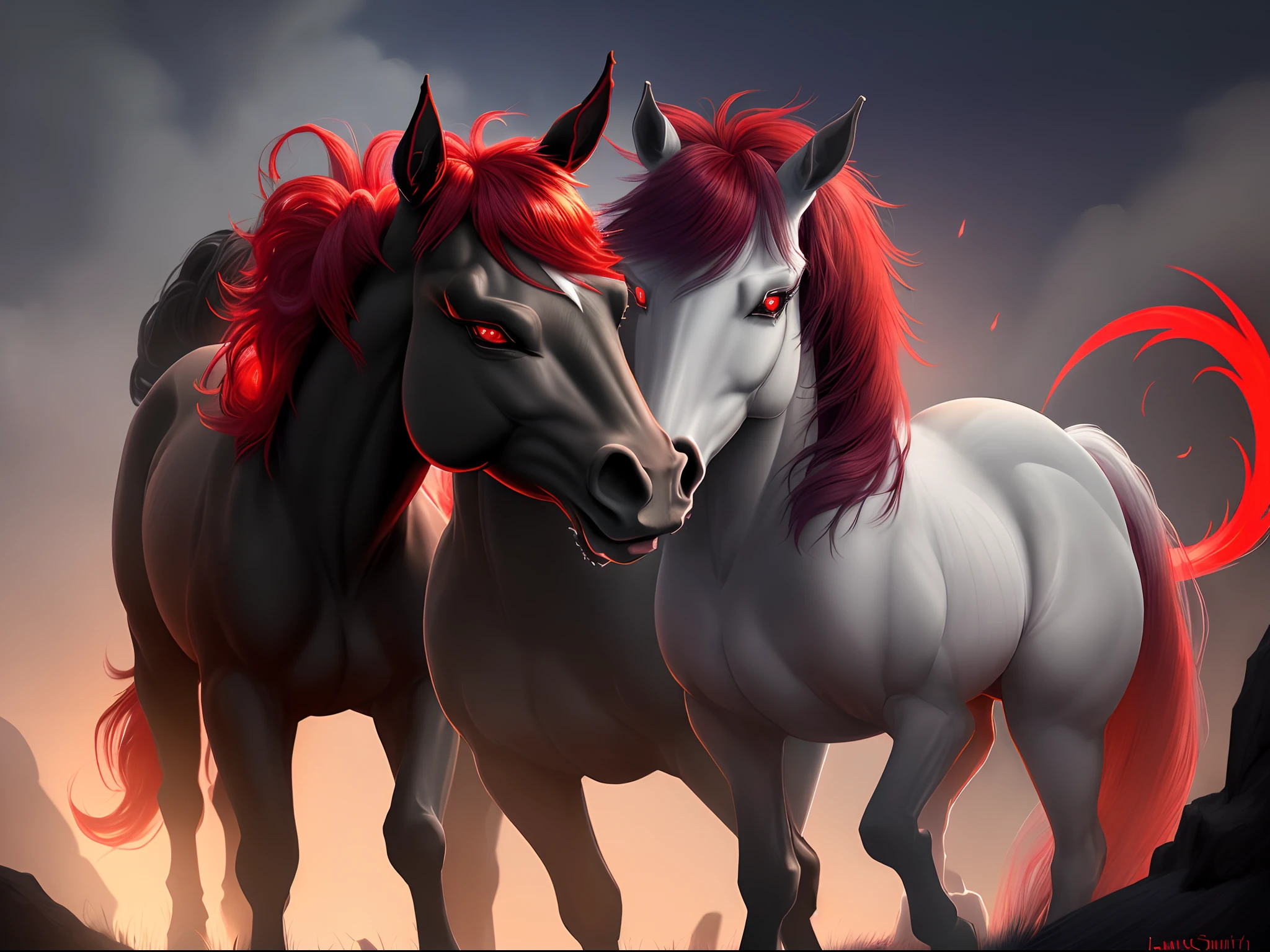 tall, 4-legged, demon pony ,red luminescent hair and gray fur, with red eyes, black outer eye, smiling, my little pony style