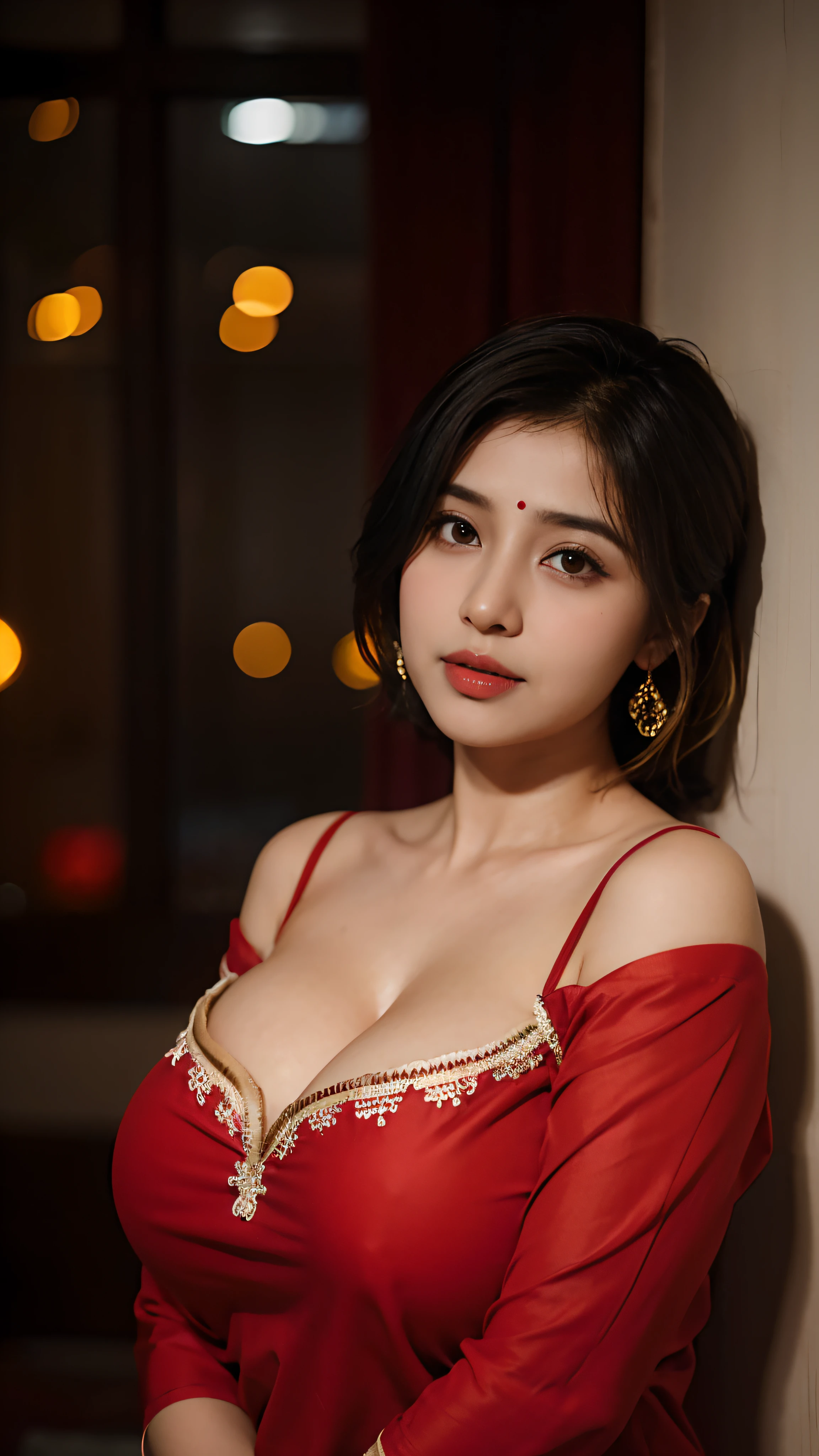 (((desi girl))), chubby face, natural skin, (Big breasts:1.5), wearing red short blouse, charming black hair, ((hair ends are blonde)), wedding night room background, bokeh