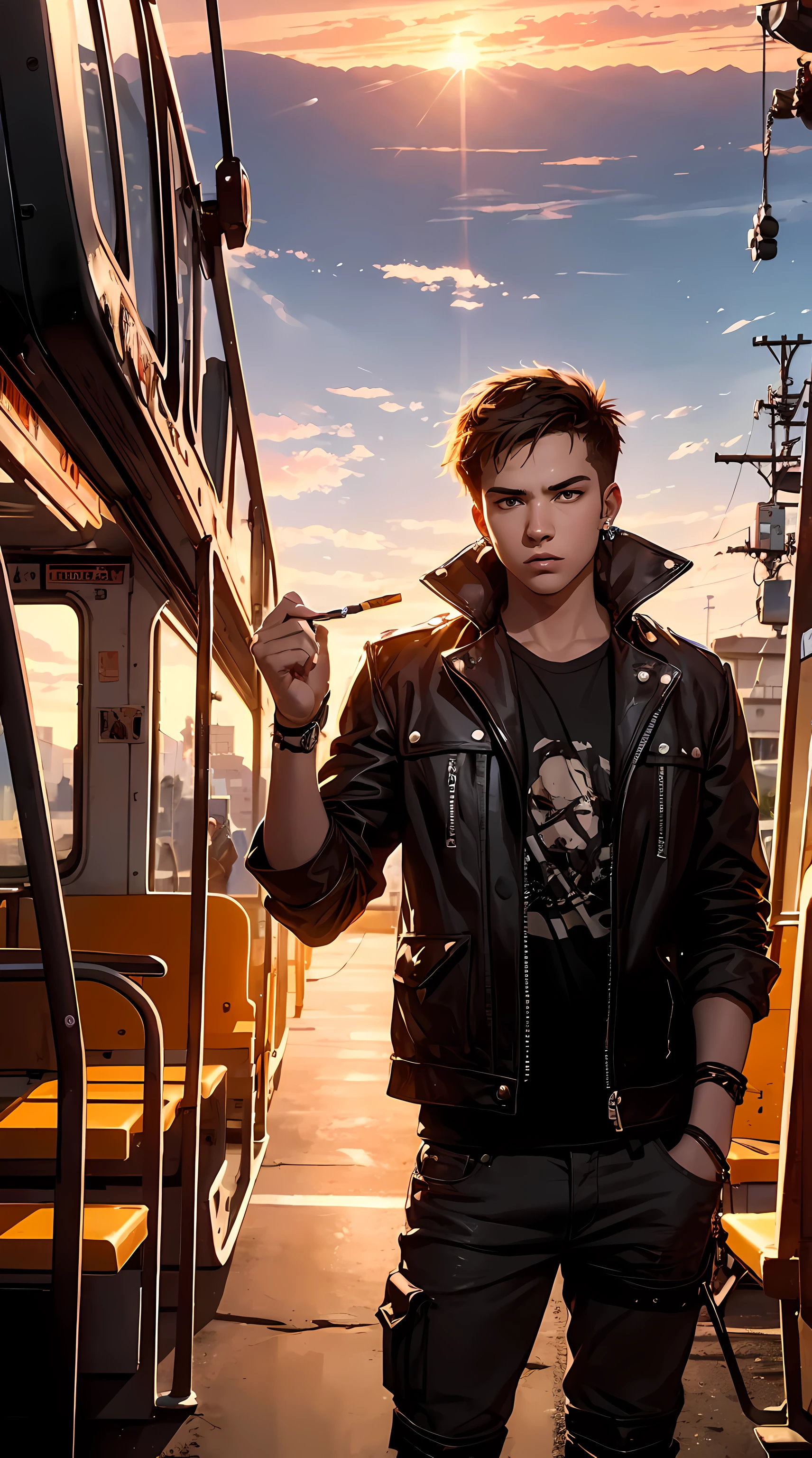 age male rock band, 19 years old, 20 years old, mad max, residend evil, high quality, painting, futurism, post apocalyptic, rock band on a bus, sunset, mad max, punk, realistic painting art