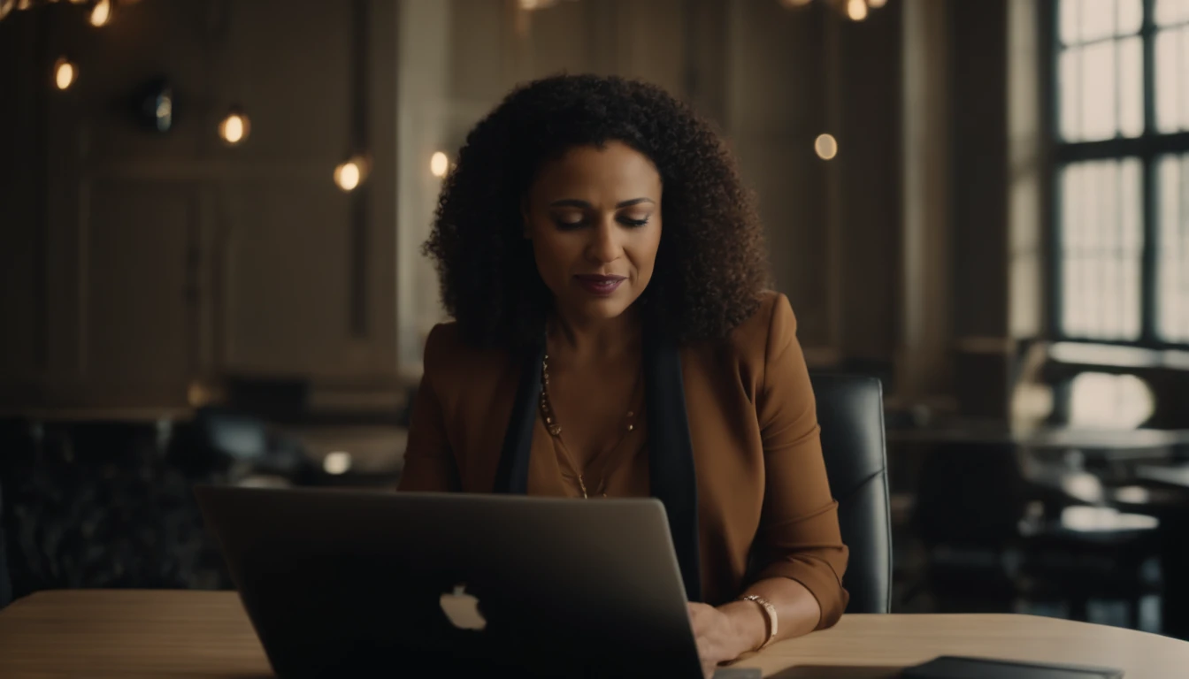 A Caucasian Businesswoman Standing Talking to Intern of African Descent Using a Laptop.