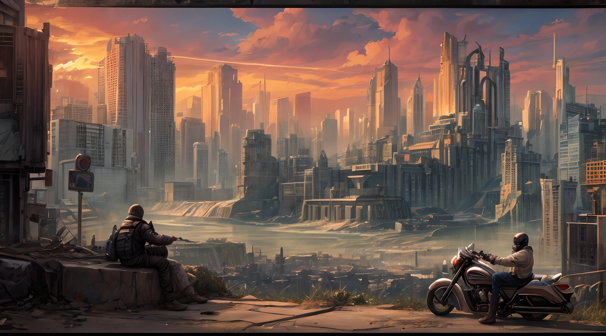 fantasyArt,hyperrealism,Concept art, apocalyptic wasteland, hand-drawn drawing, thick paint, hand-painted texture, low saturation, science fiction, scenery, sky, city, building, cloud, ground vehicle, motor vehicle, solo, outdoors, 1boy, cityscape, motorcycle, ruins, sitting, sunset, side view