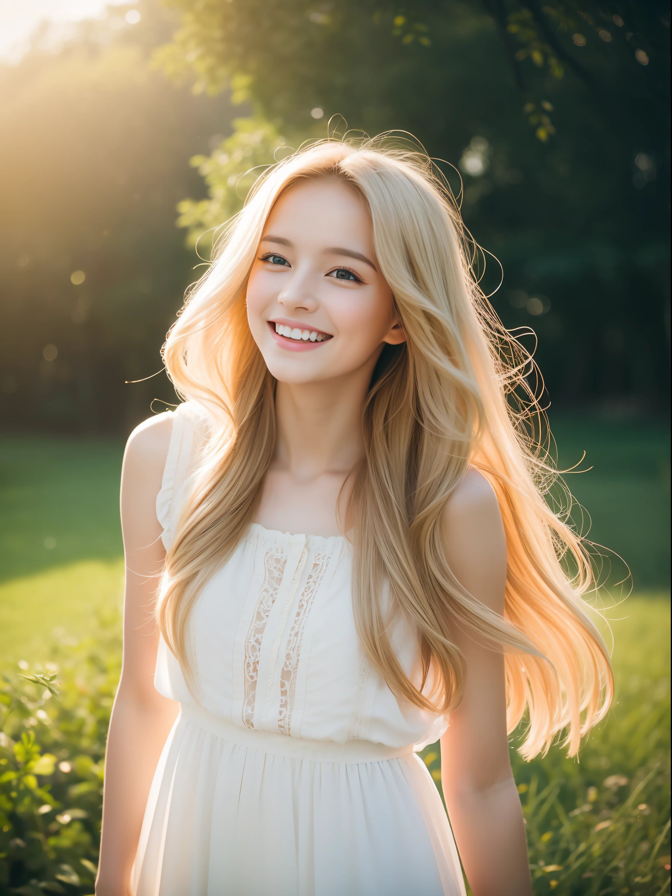 masterpiece, best quality,  Capture a candid moment of a youthful German girl in a flowy white dress, with golden locks of hair reflecting the sunlight as she radiates pure joy and warmth. The photograph should capture the essence of healing and cheerfulness. Inspired by the work of photographer Lena Donauer, use a warm and bright color temperature to enhance the glow on the subject's face. The lighting should be natural, with soft shadows and a gentle breeze to emphasize the ethereal quality of the scene. Shot with a Canon EOS R5 camera, using a 35mm lens with an aperture of f/1.8, ISO 200, and a shutter speed of 1/800 sec. Vignette and light leaks, with a soft focus, should also be added in post-processing to create an idyllic, dreamy quality. UHD dtm HDR 4k