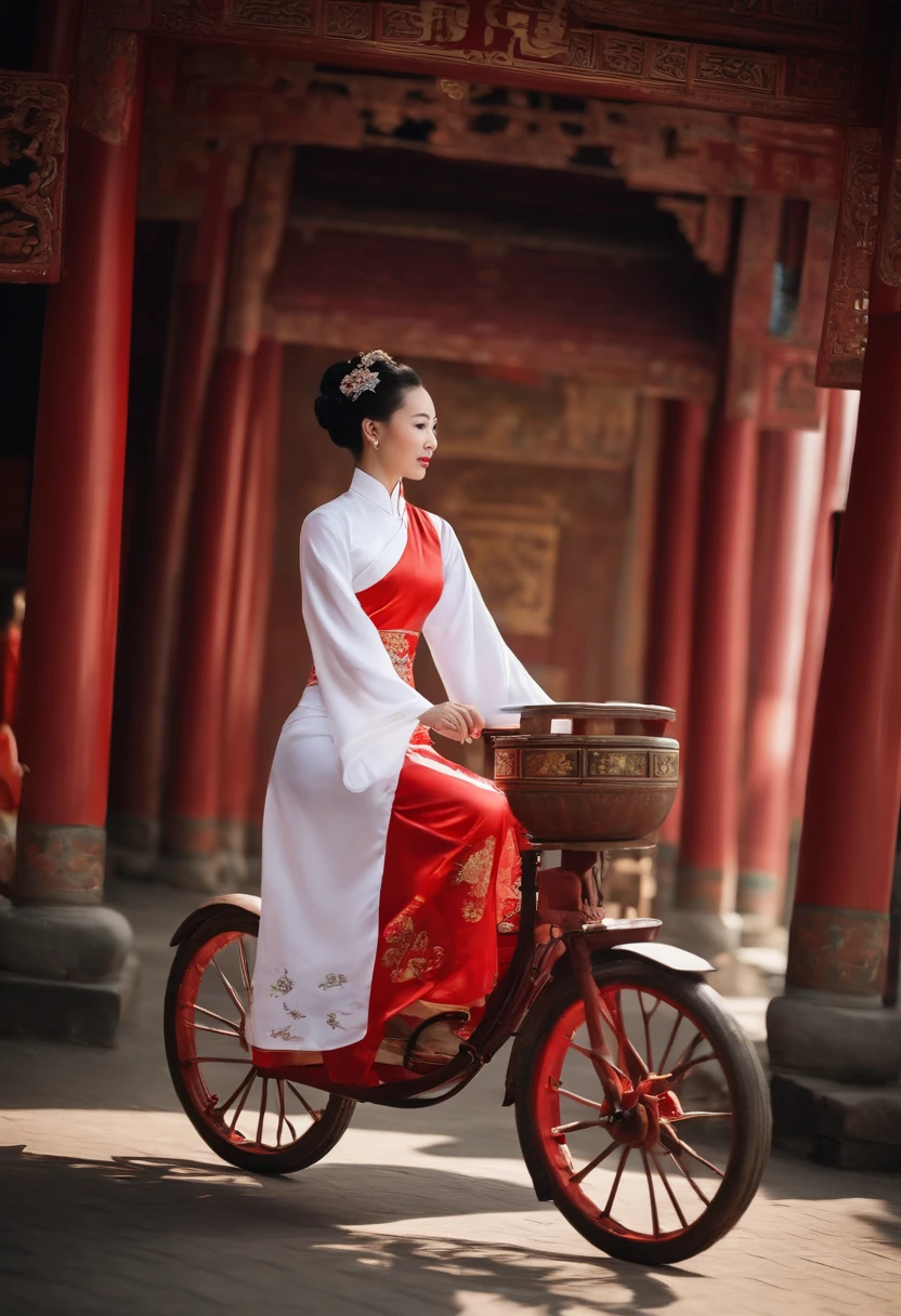 A woman wearing a white cheongsam in ancient China,Do it in a tricycle