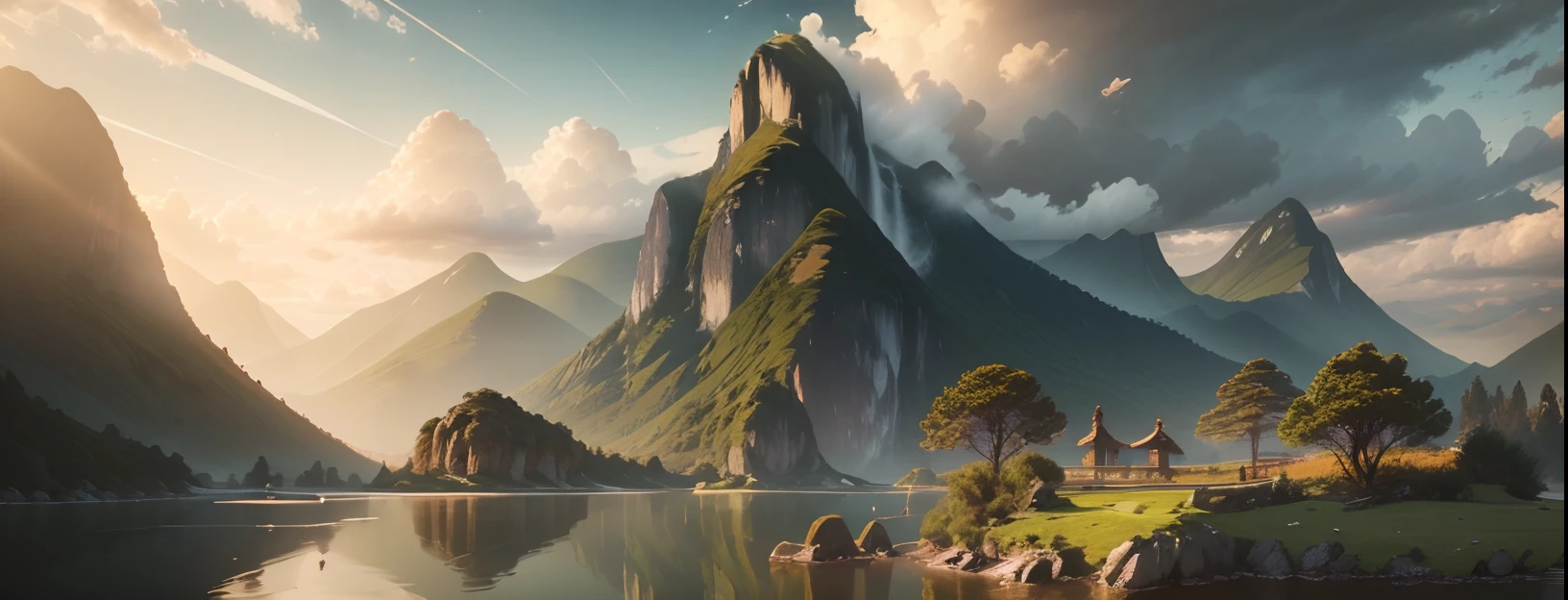 (best quality,8k,12k,highres,masterpiece:1.35), highly detailed scenery of a mountain range, river, ocean, expansive views, vibrant colors, breathtaking sunset, dramatic lighting, surreal atmosphere, misty clouds, cascading waterfalls, lush greenery, towering cliffs, serene reflection on the water, tranquil and peaceful surroundings, birds soaring in the sky, golden rays of sunlight piercing through the clouds, distant islands dotting the horizon, a solitary sailboat gliding across the water, majestic peaks reaching towards the sky, a sense of awe and wonder, a sense of freedom and serenity, a fusion of natural beauty and artistic vision.