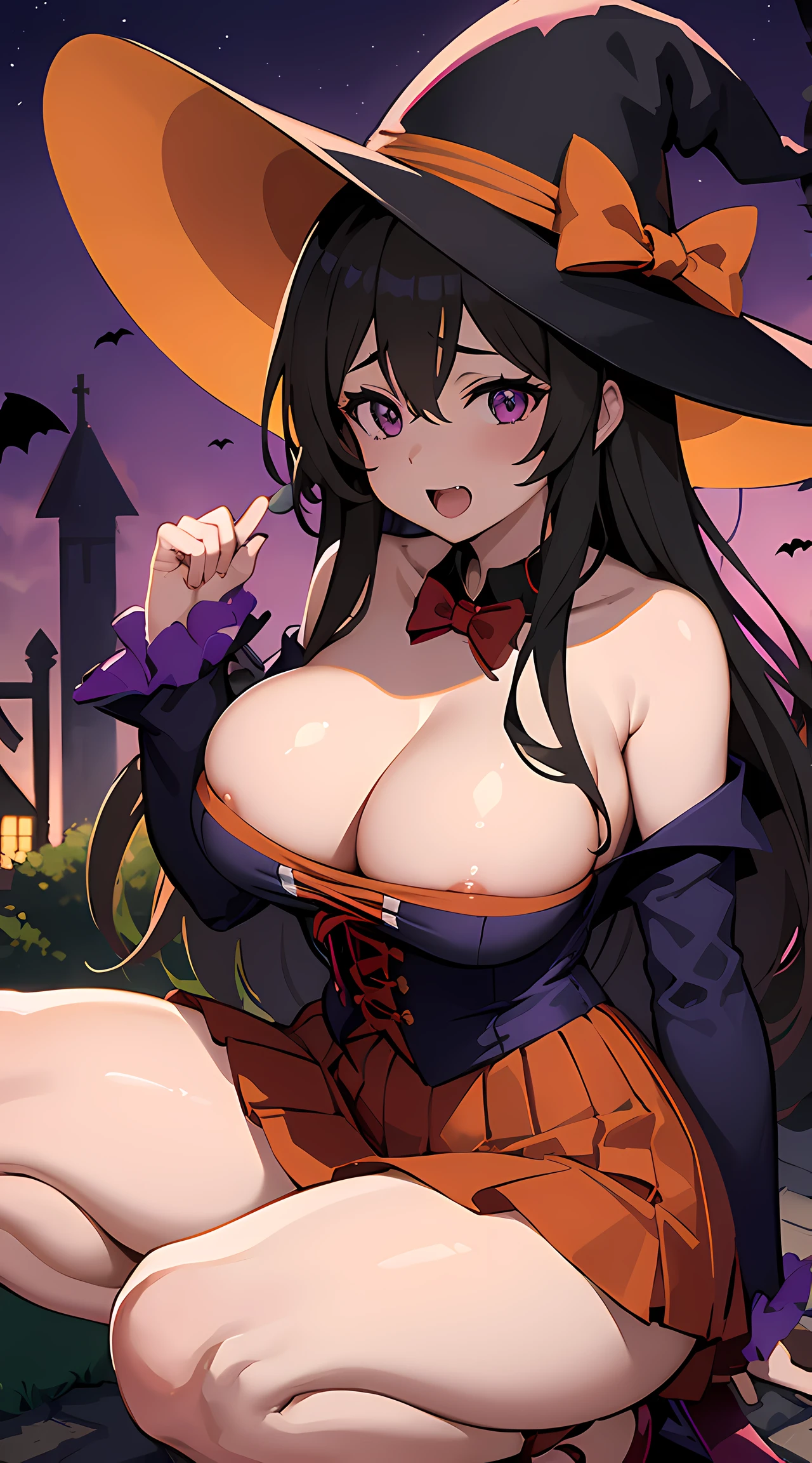 Best Quality, 1 Girl, Reina Kousaka from Sound! Euphonium Anime, Purple Night Sky, Halloween Decorations, Vampire Cosplay, Art style from Sound! Euphonium Anime, Bigger breasts and waist, no fat, No NSFW, Witch hat, Vampire teeth, No ugly, Jack-O-Lantern decorations, crouching