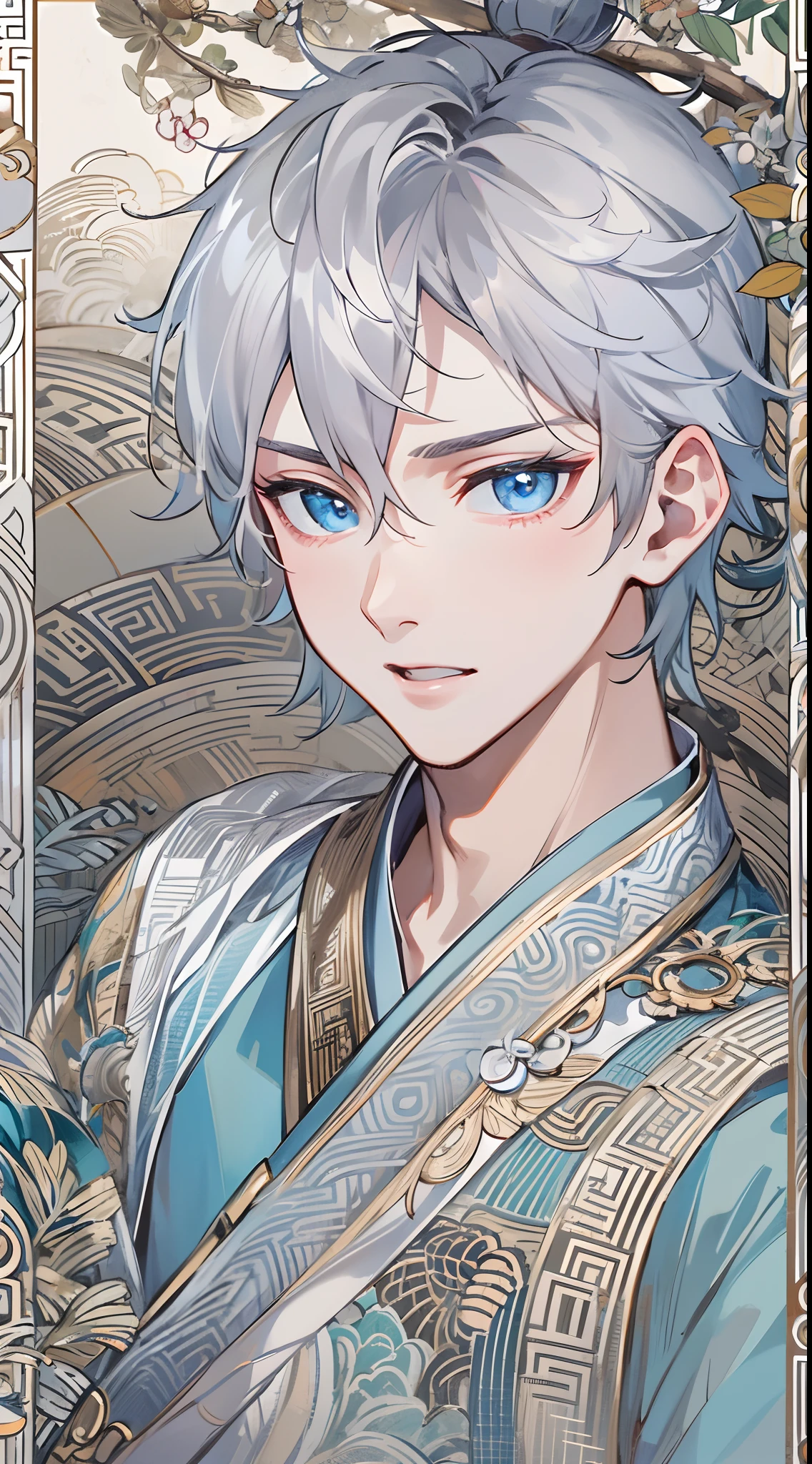 tmasterpiece,Need,超高分辨率,shoun,Chinese ancient style,(Short silver-gray hair),blue color eyes,Libido boy,adolable