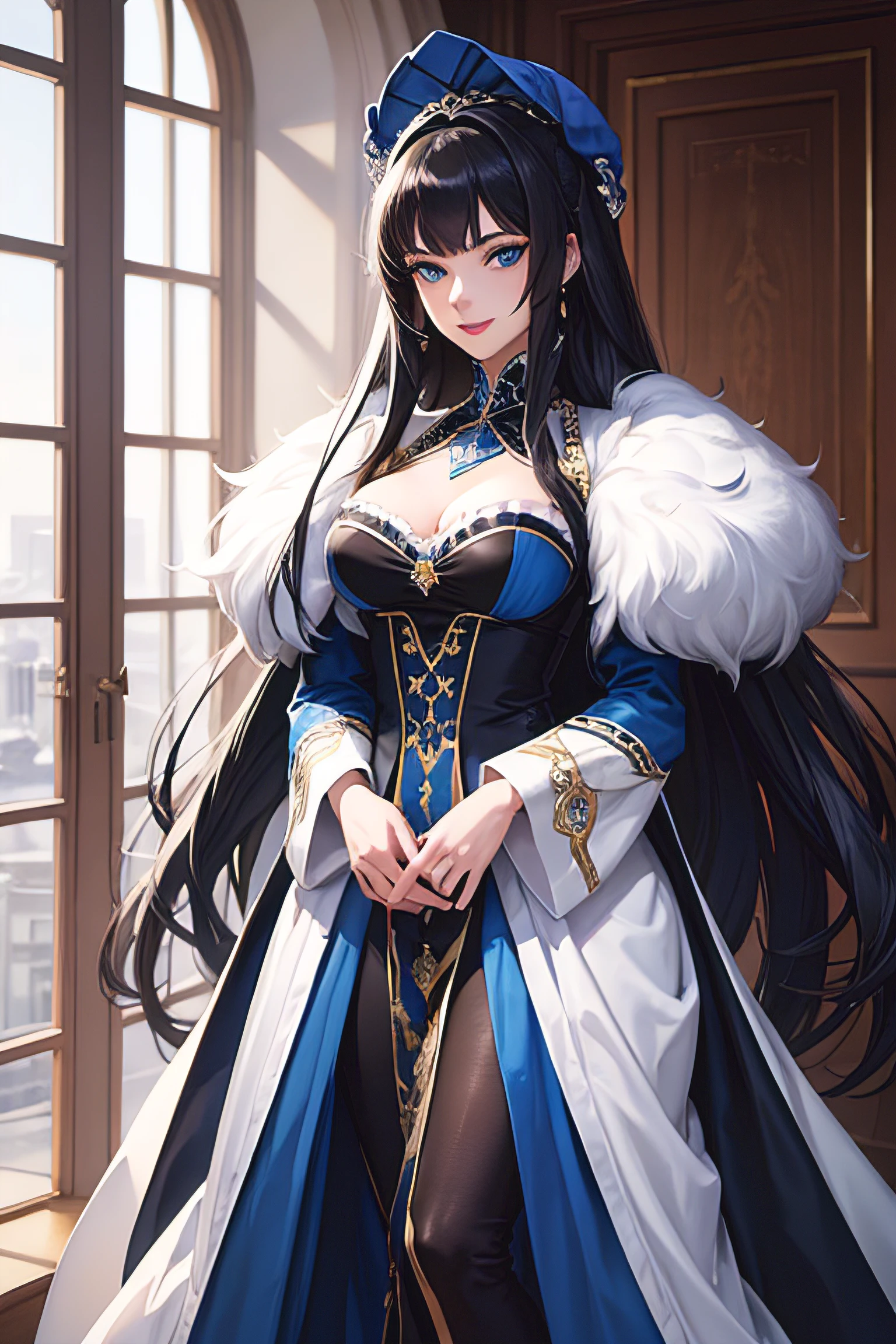official art, unity 8k wallpaper, ultra detailed, beautiful and aesthetic, masterpiece, best quality, 1girl, tall female, blue eyes, Western noblewoman, black hair, long hair, royal blue dress, white fur coat, jewelries, red lips, extremely detailed, standing, seductive smile
