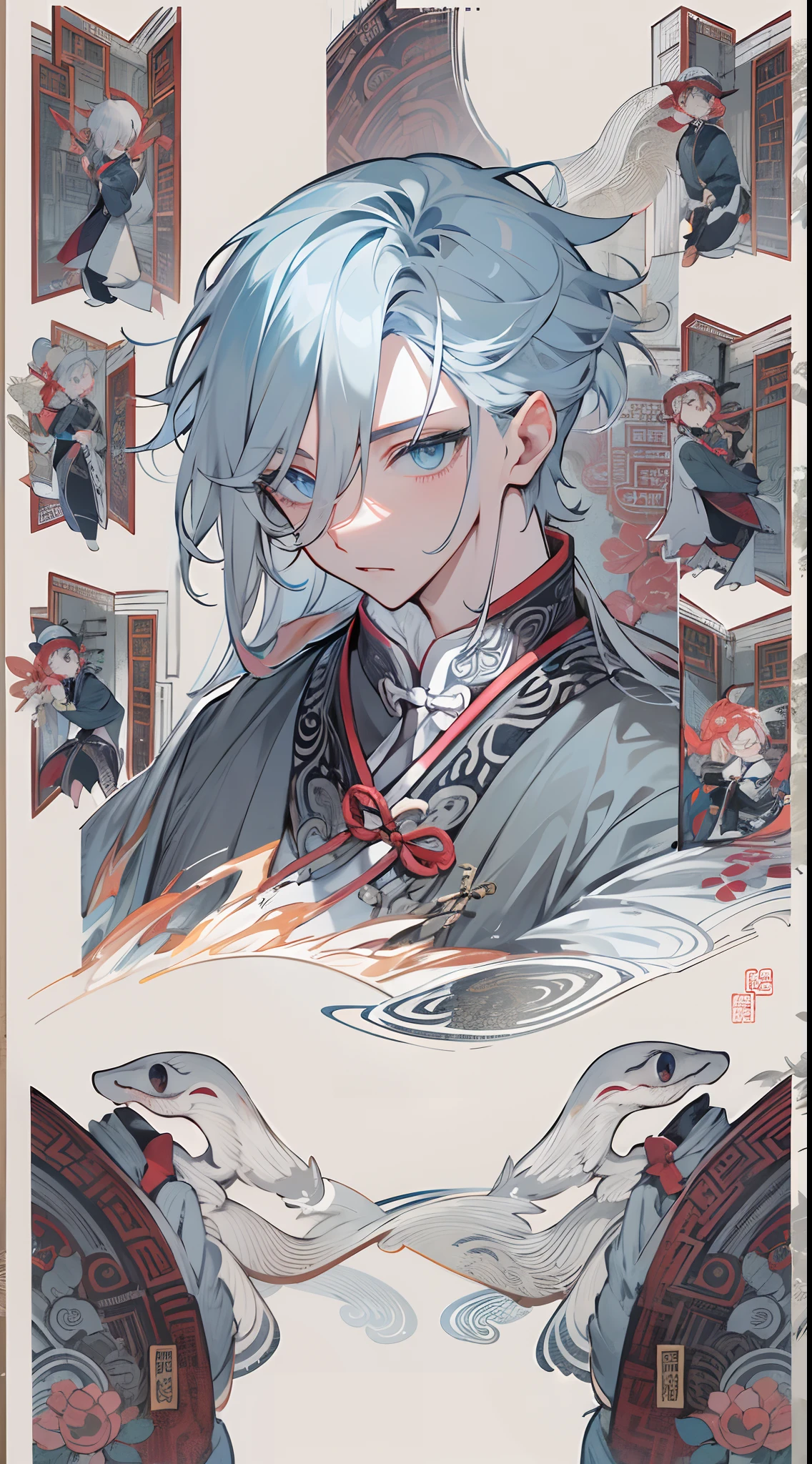 tmasterpiece,Need,超高分辨率,shoun,Chinese ancient style,(Short silver-gray hair),blue color eyes,Libido boy,adolable