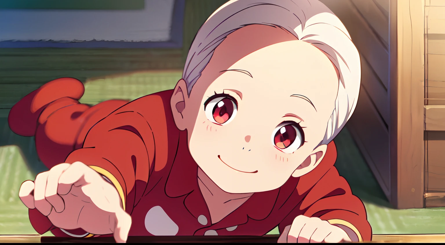 masterpiece, best quality, (1little boy), (baby son), (solo), (white hair), (short hair parted bangs forehead), red eyes, (Onesie), (red bears onesie), happy, smiling, hands up, indoors, looks up, SHINKAI MAKOTO