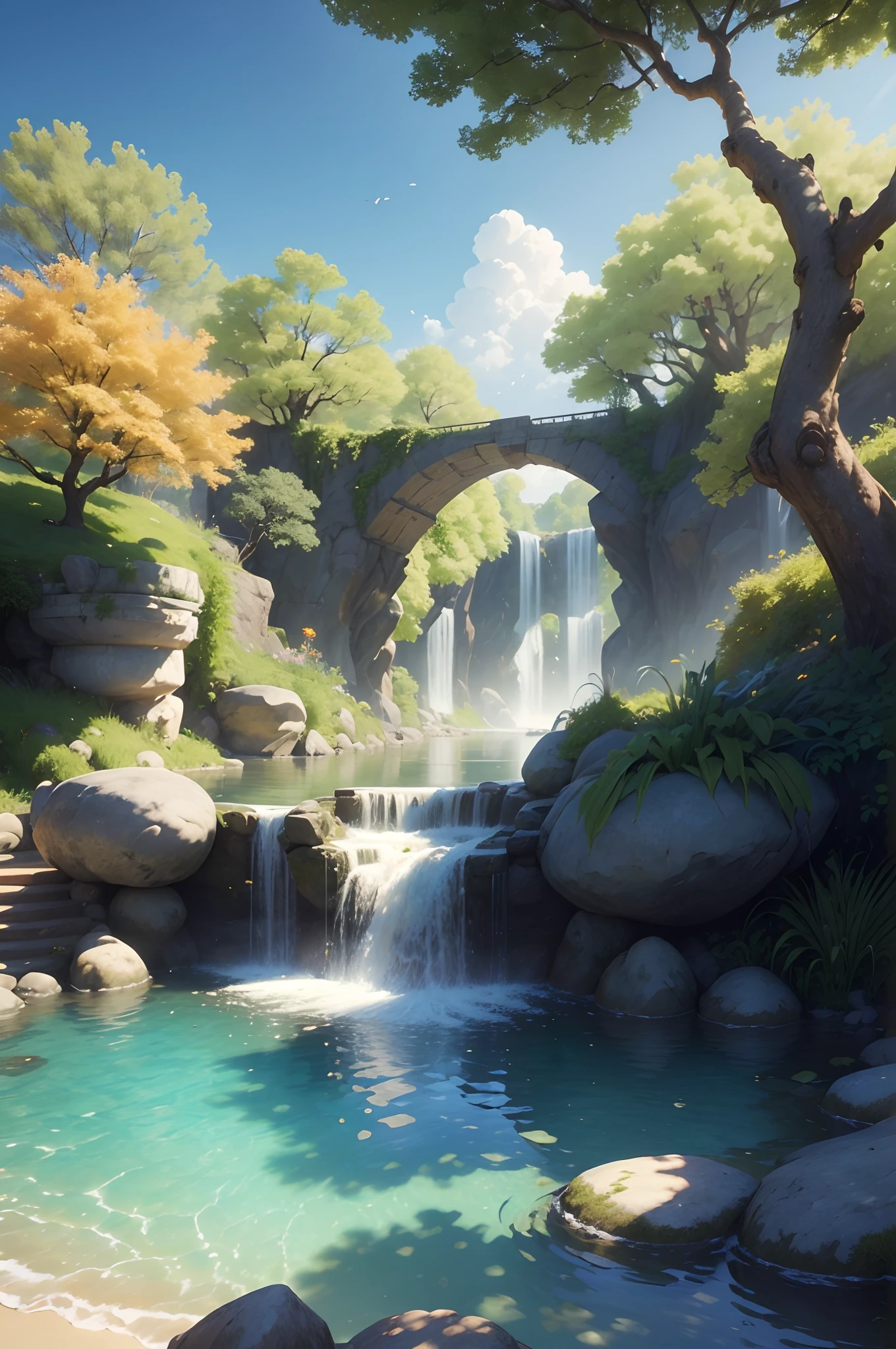 Masterpiece, Best quality, (Very detailed CG unity 8K wallpaper) (Best quality), (Best Illustration), (Best shadows) Vibrant colors, jungles, water, Natural beauty, An oasis of tranquility , cherry tree, Blue sky ray tracing, ultra - detailed,Texture,Film light and shadow,Bright flowers