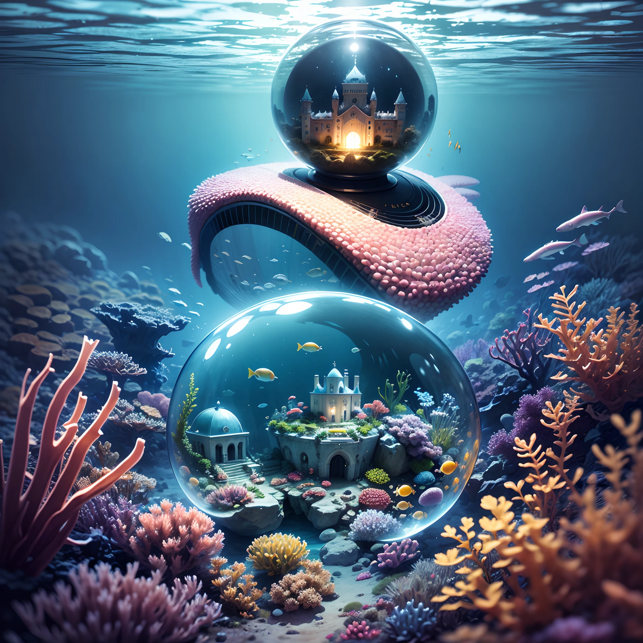 (Undersea castle,Marine life,Transparent fog,The hemispherical shape looks down from the sky),fanciful,Artistically,Garden background