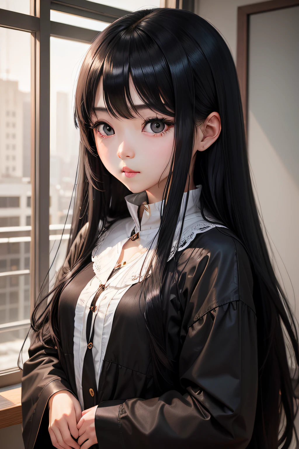 girl with、Long black hair、real face、Unsupervised、Shiny hair、shinny eyes