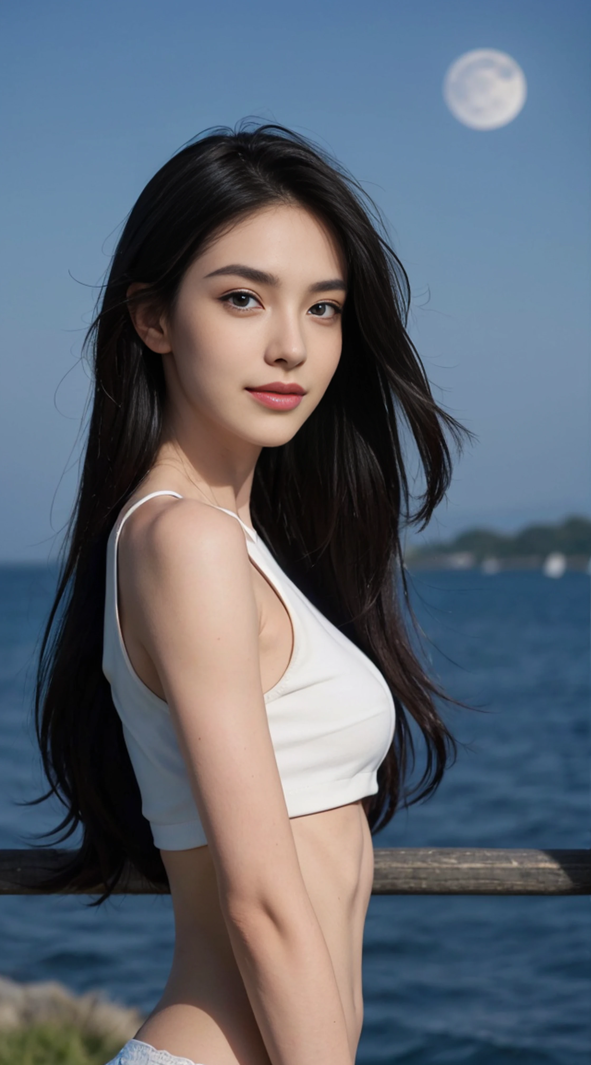 8K, Top Quality, Intricate Details, Ultra Detail, Ultra High Resolution, Masterpiece, random angle, Slender, Smile, (Makeup: 0.4), (Fluffy Blue Eyes: 1.21), blue Eyes, looking at viewer, ((full body)), 1girl, solo, 1 girl, (( full body)), close up shot, , ((tall)), (((fit body))), (((slim face))), sharp face, sharp eyes, (((black hair, long hair, )) , (detailed face), sharp face, small lips, windy ,
(( )), (crop top)), detailed face, detailed breast, , large breast, detail ass, , Beautiful girl with accentuated slender abs: 1.4, Six Pack Abs: 1.4, Bust Botox, Big, Perfect Body, detail leg, (( moonlight)), top of mountain