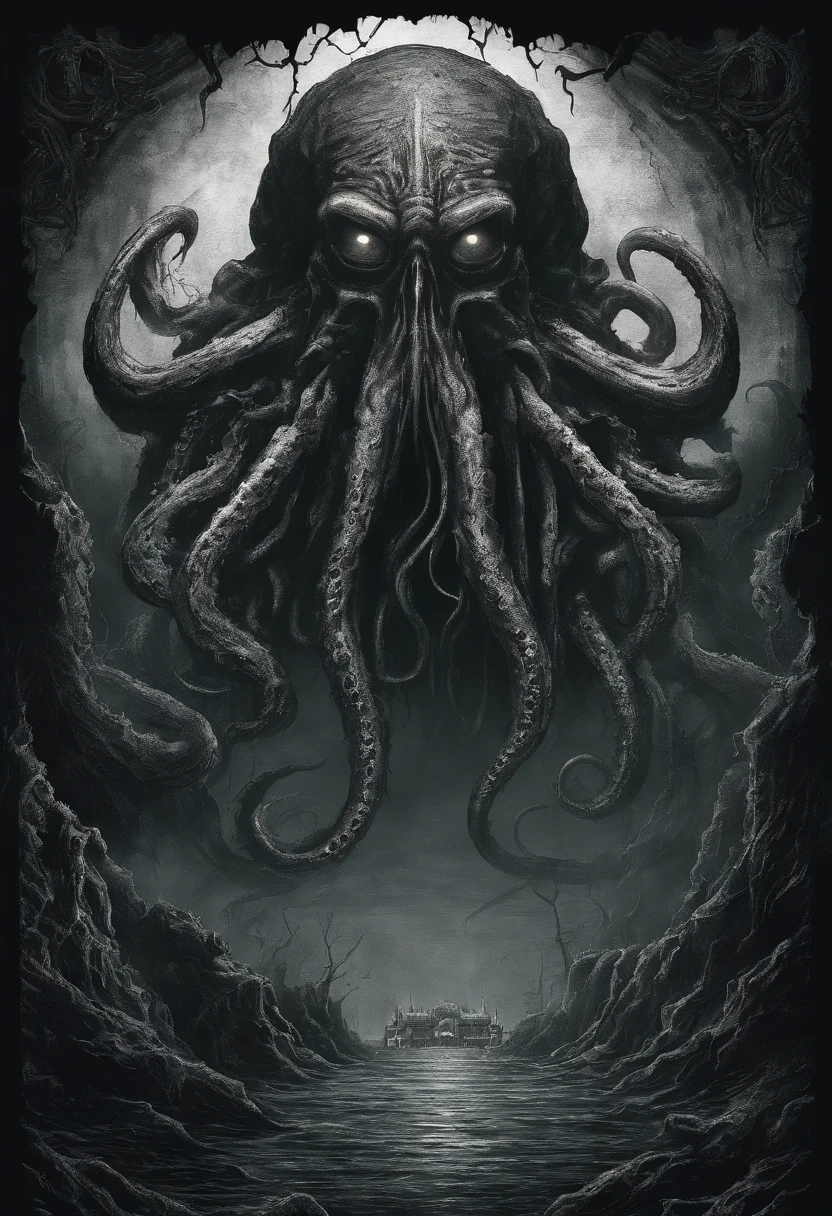 The Cthulhu Palace in the deep sea, scary, weird, thrilling, evil, pitch black, whispers of ancient gods, giant tentacles crawling on the ground, dead silence