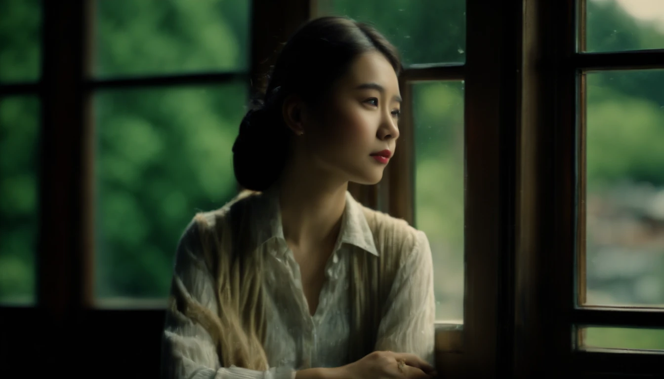 a picture、(Photorealsitic:1.4)、(hyper realisitic:1.4)、(Cinematic:1.5)、Teenage woman、japanes、(beautiful and delicate face)、High School Classroom、Window seat、(Looking out the window)、Looking at the sky、Dark blue tones、Solitude、Aluminum sash、(don't look at the camera:2)