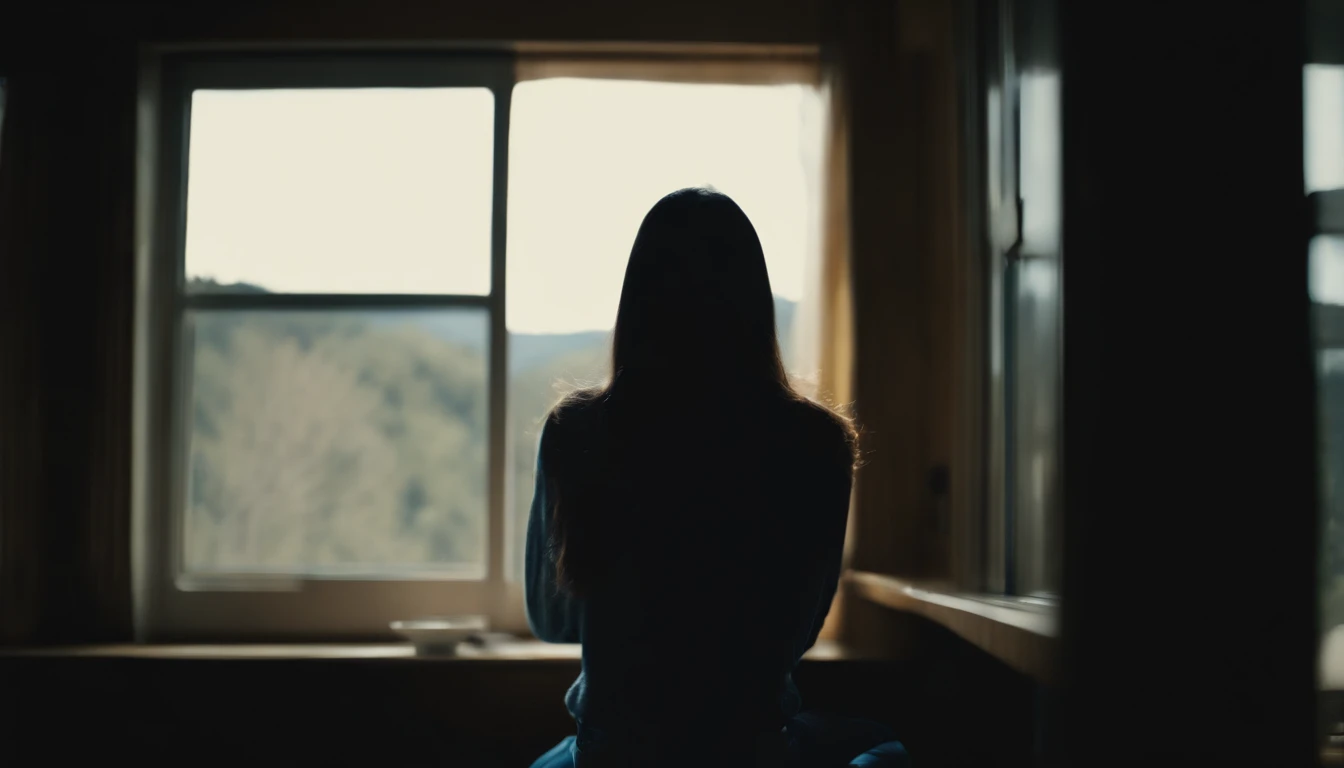 a picture、(Photorealsitic:1.4)、(hyper realisitic:1.4)、(Cinematic:1.5)、Teenage woman、japanes、(beautiful and delicate face)、High School Classroom、Window seat、(Looking out the window)、Looking at the sky、Dark blue tones、Solitude、Aluminum sash、(don't look at the camera:2)