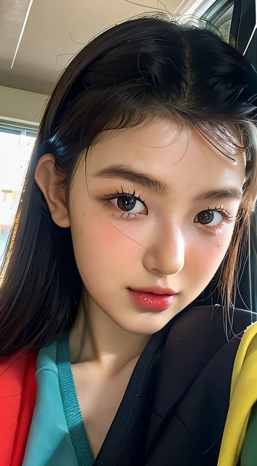 Best Quality, Masterpiece, Ultra High Resolution, (Realistic: 1.4), Original Photo, Wallpaper, Head Photo, Skin, Simple Background, Black Eyes, Detail, Selfie, 1 Girl, 18 Years Old, Breeze, Sunshine, Classroom, Question,