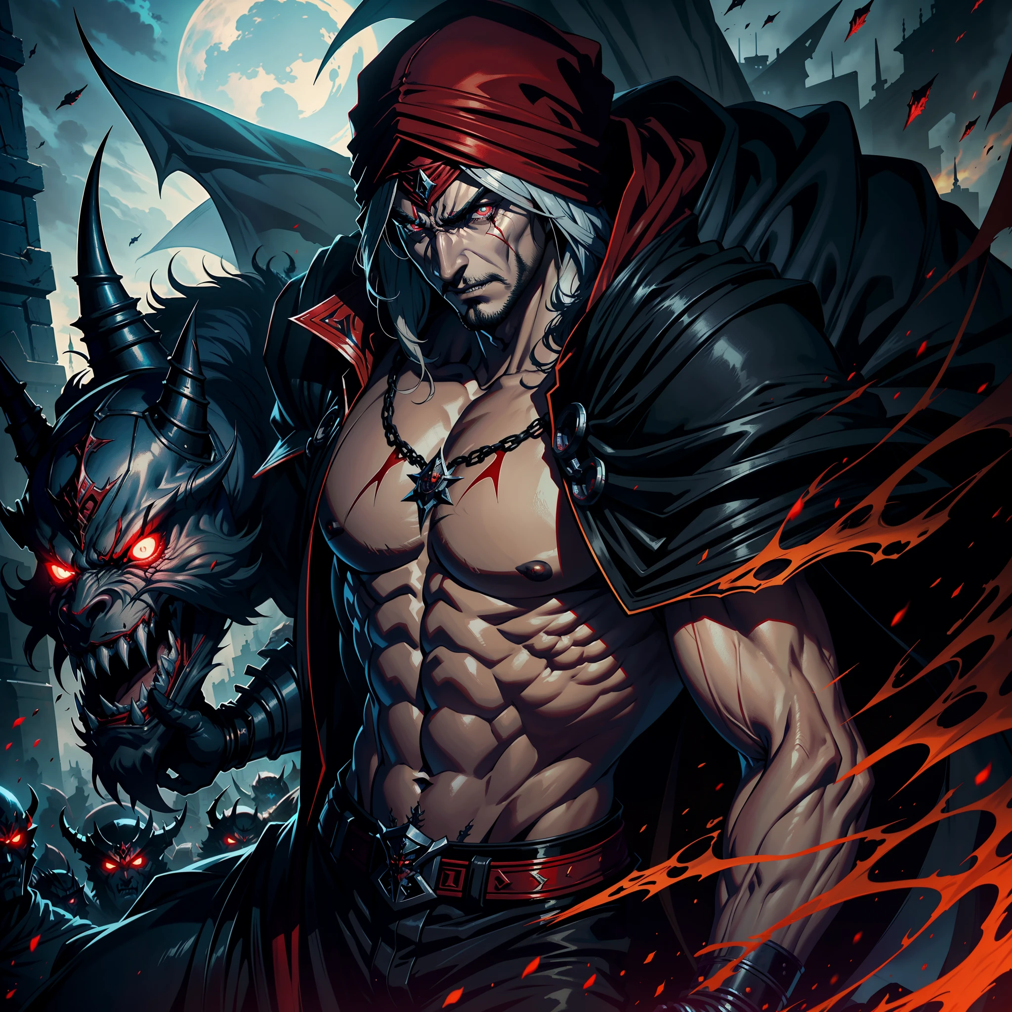 Castlevania Hyper Realistic Shadow Lord Super Detailed Dynamic Plan Master Piece of Lord Dracula Medieval Arab Warrior with Red Turban Scary Face Hokuto No Ken Structure Muscular Face Kenshiro Troops at the head Army of demons to fight sharp details Cinematic Scenes Epic Movie Hyper Realistic Movie Movie Legendary Movie Epic Movie