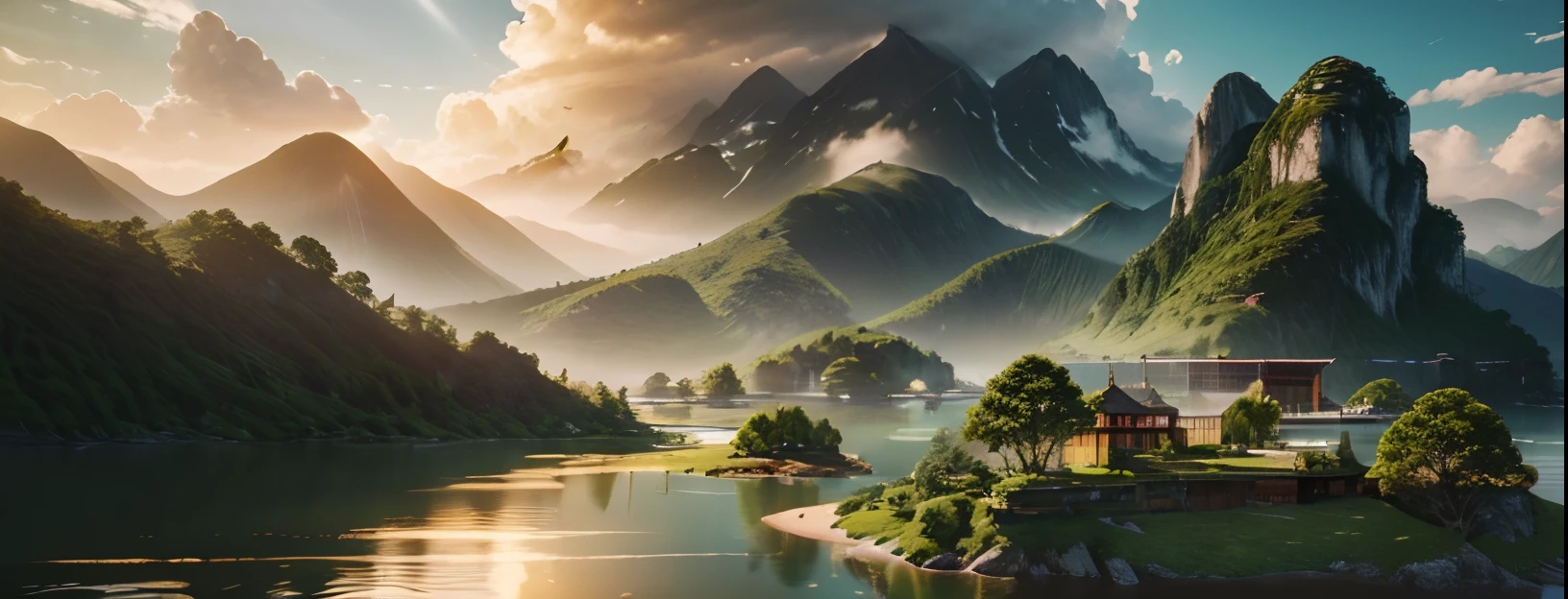 (best quality,8k,12k,highres,masterpiece:1.35), highly detailed scenery of a mountain range, river, ocean, expansive views, vibrant colors, breathtaking sunset, dramatic lighting, surreal atmosphere, misty clouds, cascading waterfalls, lush greenery, towering cliffs, serene reflection on the water, tranquil and peaceful surroundings, birds soaring in the sky, golden rays of sunlight piercing through the clouds, distant islands dotting the horizon, a solitary sailboat gliding across the water, majestic peaks reaching towards the sky, a sense of awe and wonder, a sense of freedom and serenity, a fusion of natural beauty and artistic vision.