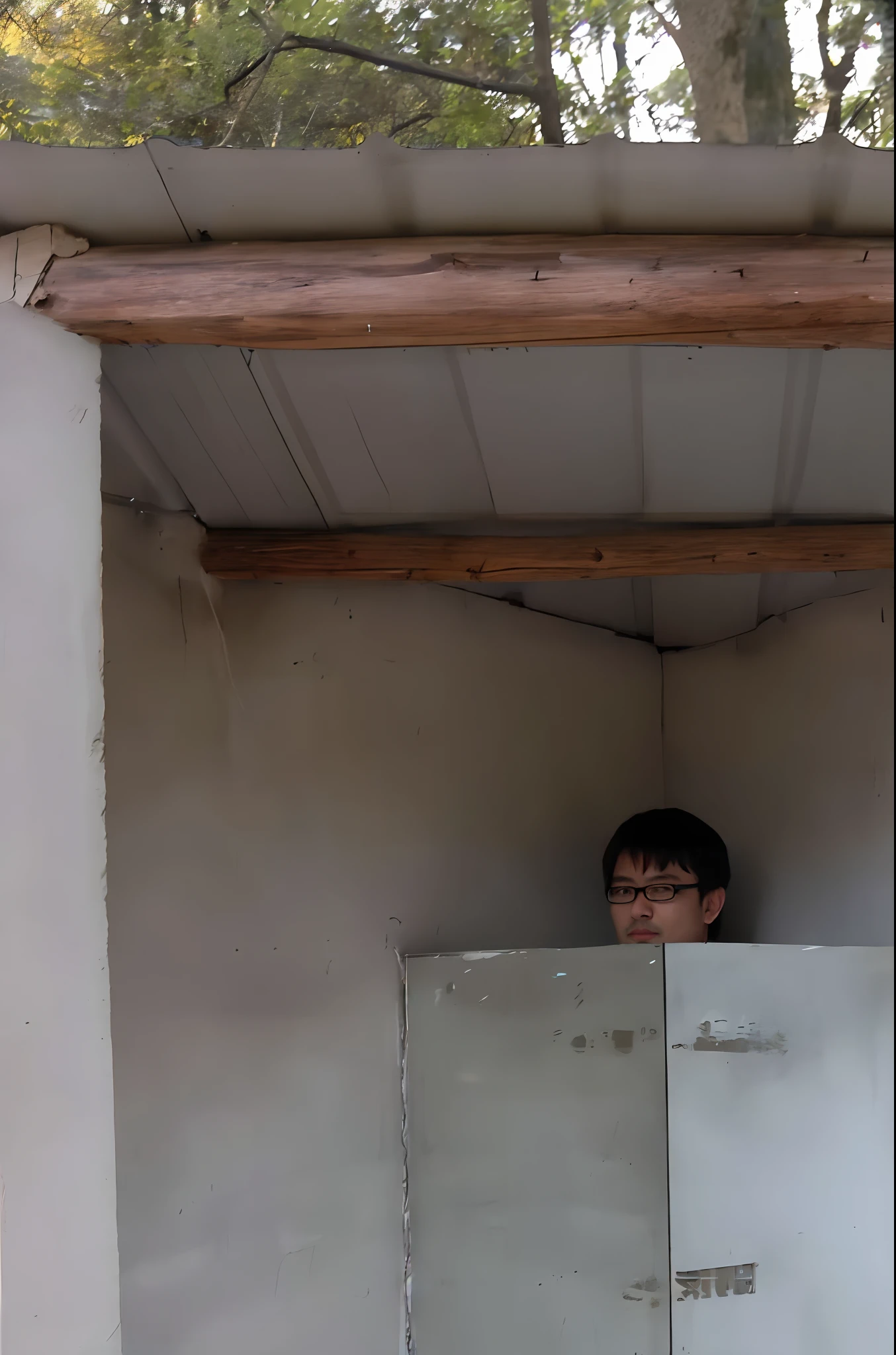 There was a man standing in a small bathroom, stood in a cell, in a small prison cell, in bathroom, in prison cell, in bathroom, standing in corner of room, photograph taken in 2 0 2 0, inside a gang hideout, leaning on door, Single portrait, In claustrophobia, Contains hidden portals