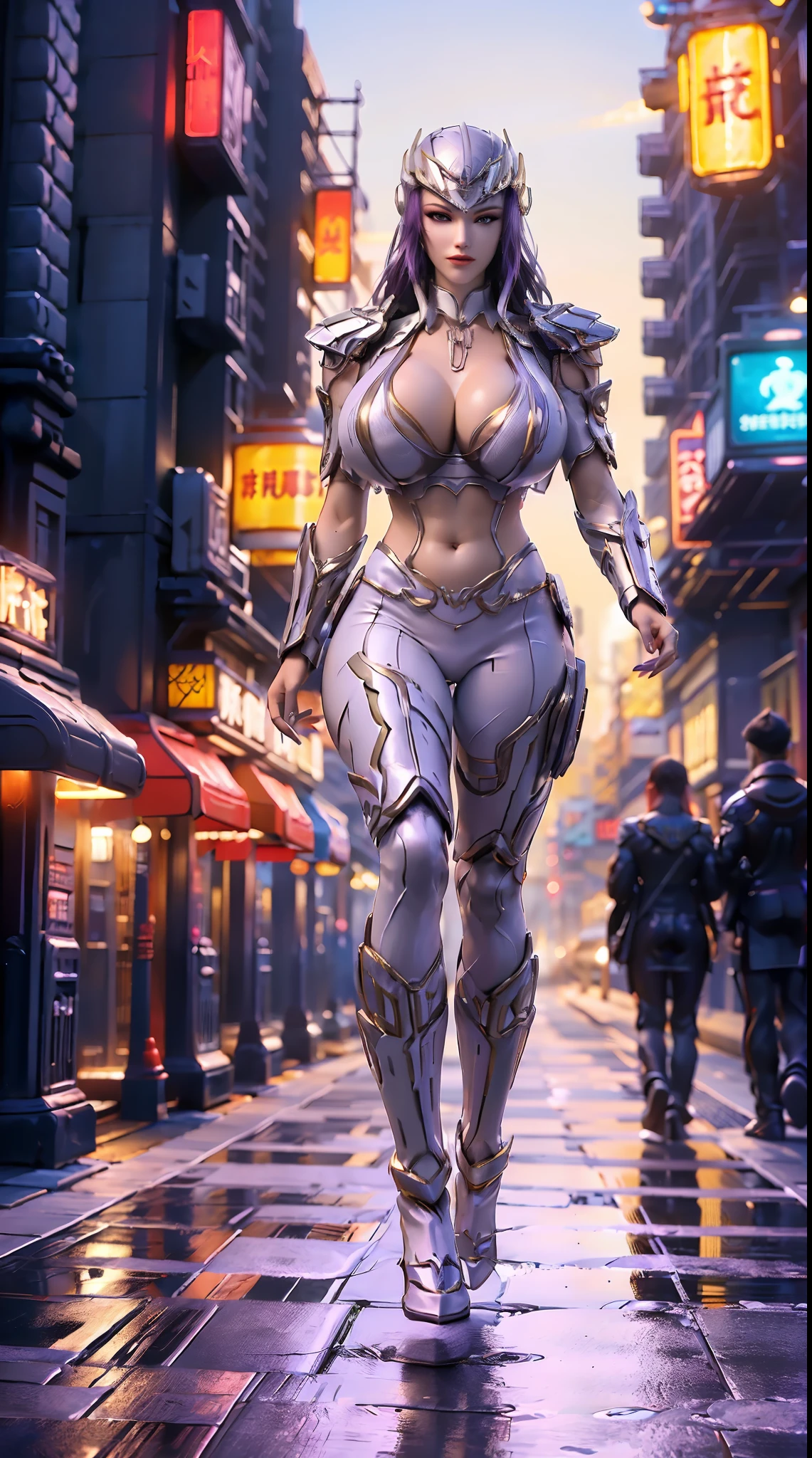 (DRAGON QUEEN HELM), (HUGE FAKE BOOBS:1.3), (BEAUTIFUL FACE), (PURPLE, WHITE, GOLD), (CYBERPUNK STREET CITY BACKGROUND), (CYBER MECHA CROP TOP), (CLEAVAGE), (SKINTIGHT YOGA PANTS), (HIGH HEELS), (PERFECT BODY:1.2), (FULL BODY VIEW), (LOOKING AT VIEWER), (WALKING DOWN:1.3), MUSCULAR BODY, MUSCLE ABS, UHD, 8K, 1080P.