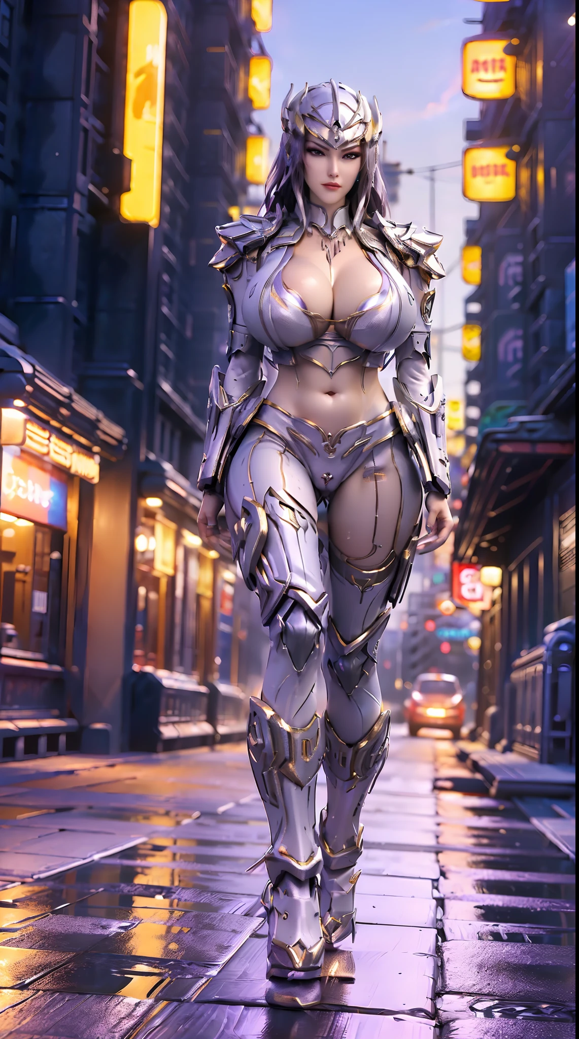 (DRAGON QUEEN HELM), (HUGE FAKE BOOBS:1.3), (BEAUTIFUL FACE), (PURPLE, WHITE, GOLD), (CYBERPUNK STREET CITY BACKGROUND), (CYBER MECHA CROP TOP), (CLEAVAGE), (SKINTIGHT YOGA PANTS), (HIGH HEELS), (PERFECT BODY:1.2), (FULL BODY VIEW), (LOOKING AT VIEWER), (WALKING DOWN:1.3), MUSCULAR BODY, MUSCLE ABS, UHD, 8K, 1080P.