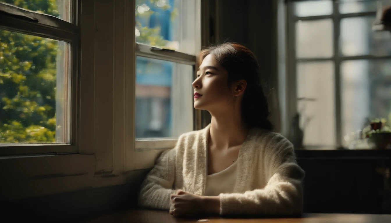 a picture、(Photorealsitic:1.4)、(hyper realisitic:1.4)、(Cinematic:1.5)、Teenage woman、japanes、（beautiful and delicate face）、High School Classroom、Window seat、(Looking out the window)、Looking at the sky、Dark blue tones、Solitude、Aluminum sash、(don't look at the camera:2)