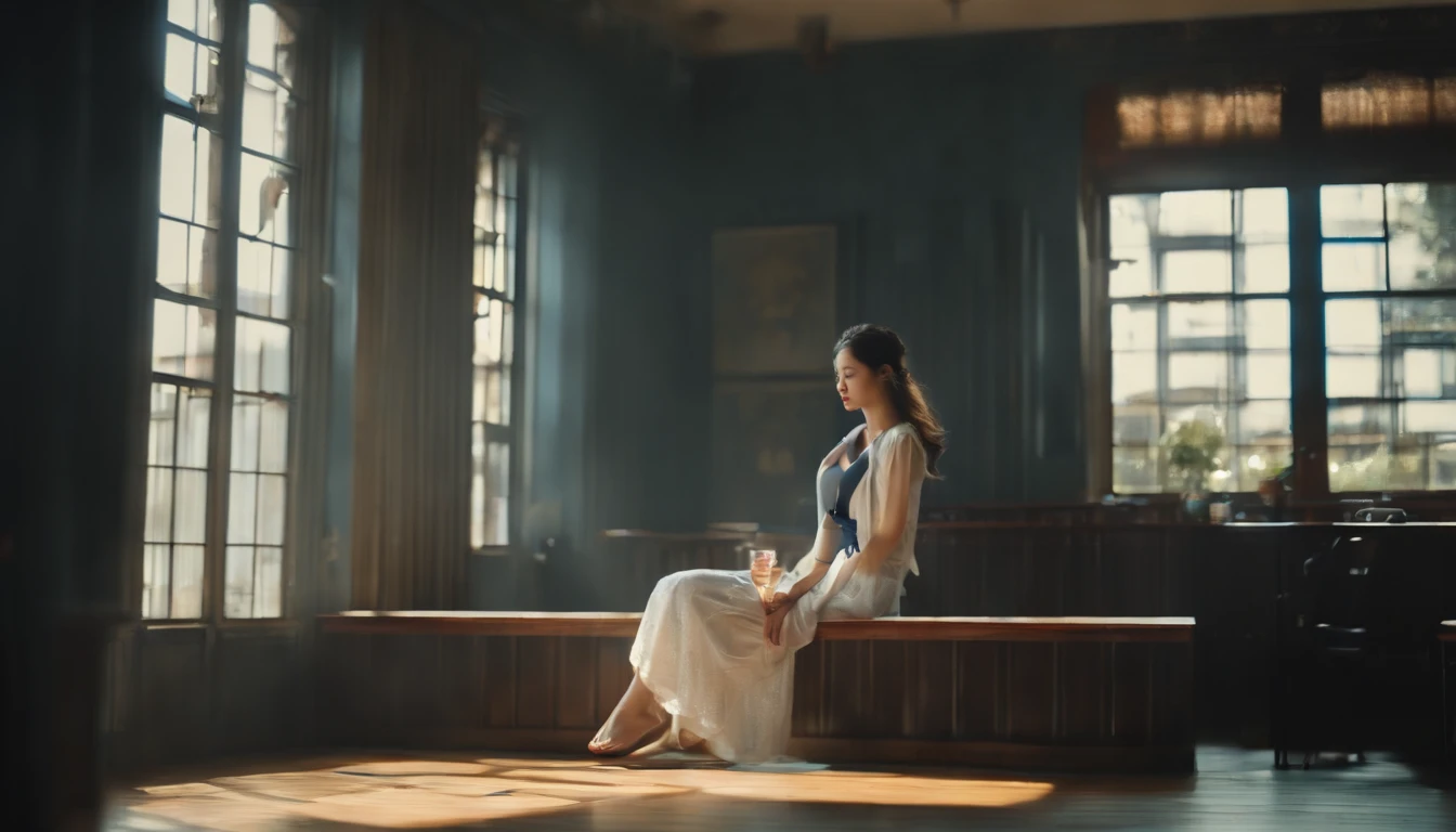 a picture、(Photorealsitic:1.4)、(hyper realisitic:1.4)、(Cinematic:1.5)、Teenage woman、japanes、(beautiful and delicate face)、High School Classroom、Window seat、(Looking out the window)、Looking at the sky、Dark blue tones、Solitude、Aluminum sash、(don't look at the camera:2)